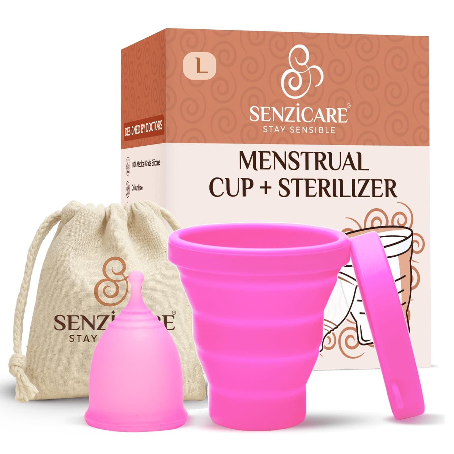 Senzicare Reusable Menstrual Cup with Collapsible Silicone Sterilizer – Large Size (Pack of 1) | Odourless, Rash‑Free, BPA‑Free | Medical Grade Silicone | Travel‑Friendly & Microwave Safe
