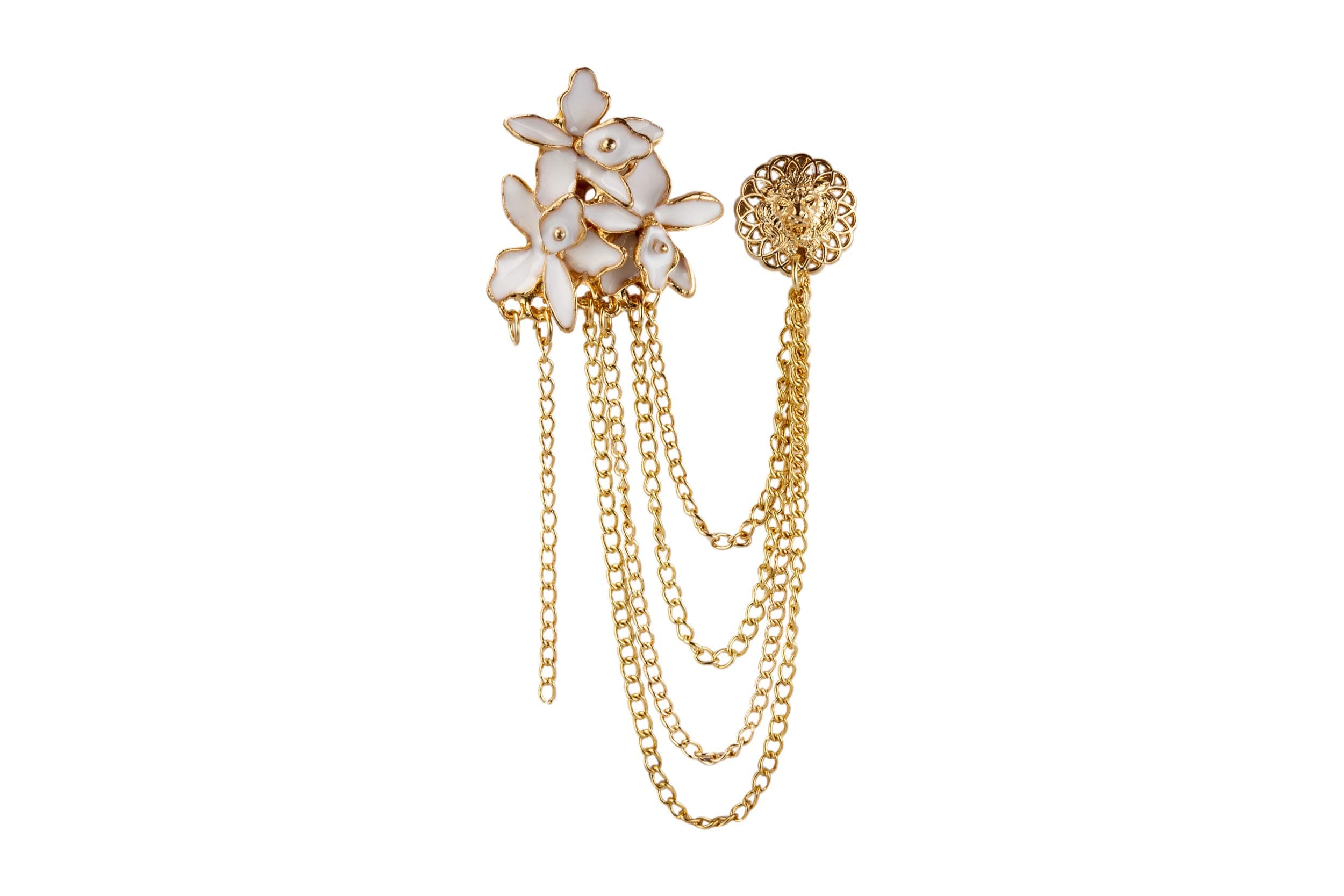 Knighthood White and Gold Metal Flowers with Hanging Chain Abstract Detailing Brooch for Men and Women