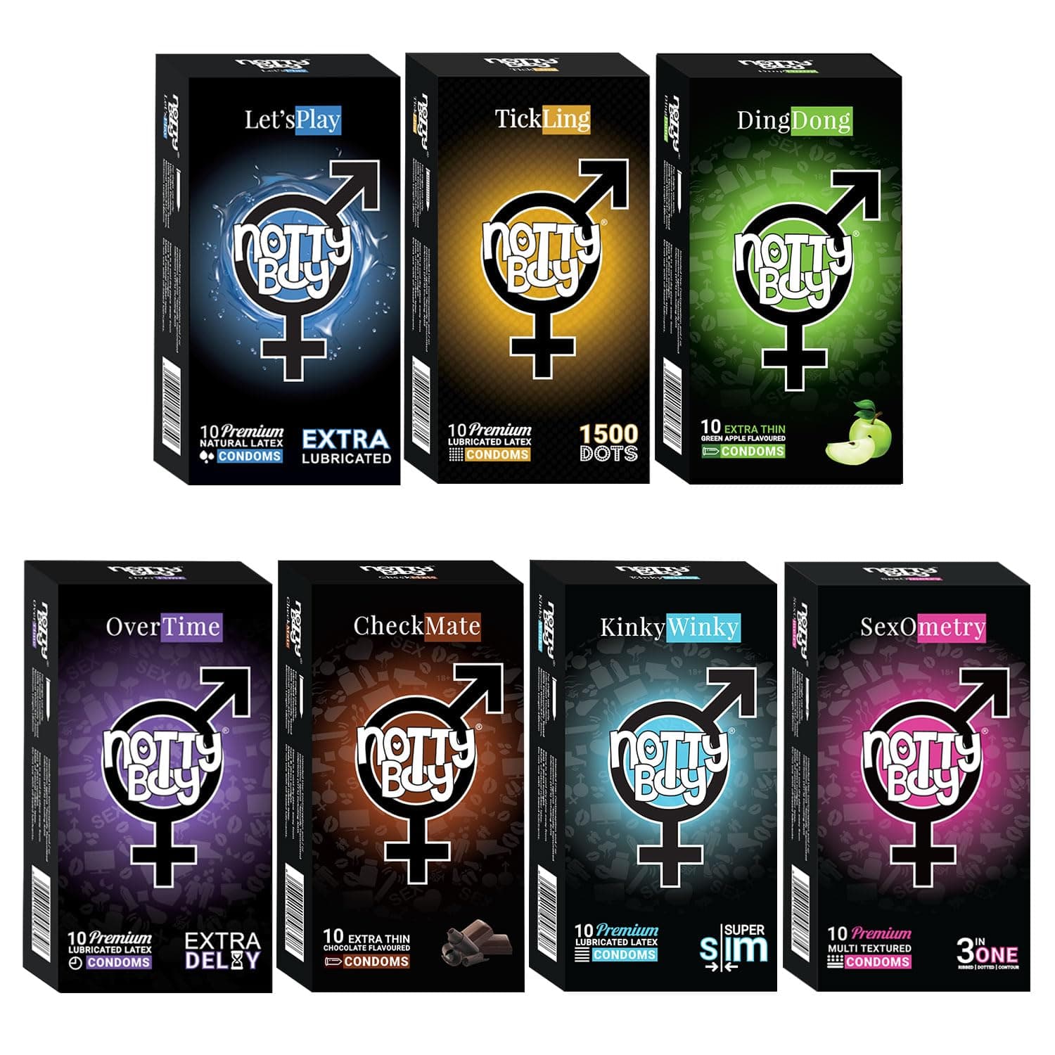 NOTTY BOY Premium Condom Set - (7x10s) | Condoms Combo Pack with Lubricated, Super Dotted, Timing, Extra Thin, Textured, Green Apple and Chocolate Flavour