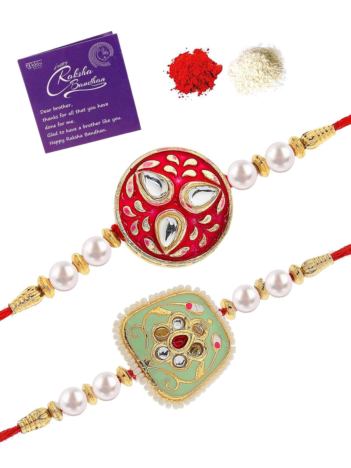 Sukkhi Rakhi Handmade Kundan & Pearls Designer Meenakari Gold Plated Premium Rakhi for Brother, Roli Chawal & Greeting Card - 2 Pack - CBRAK106964