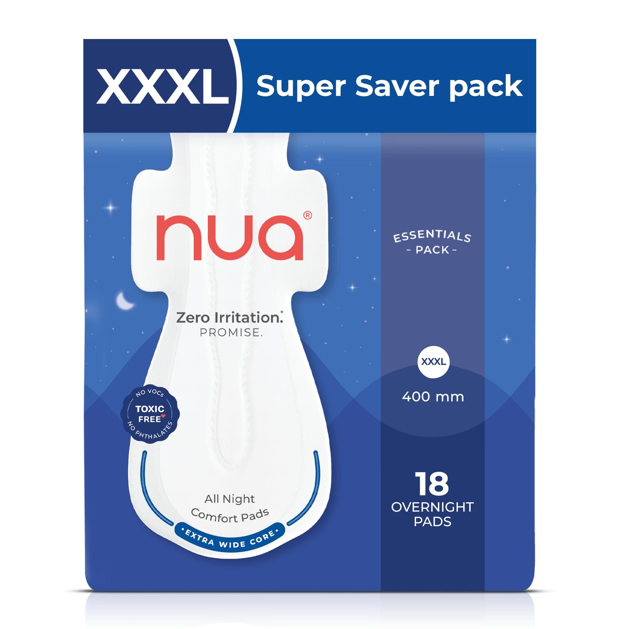 Nua All Night Comfort Sanitary Pads | Pack of 18 (XXXL 400mm) | Extra Wide Core | Front to Back Coverage | Upto 12 Hours of Absorption | Super Soft and Breathable | No Rashes | 100% Toxic-Free