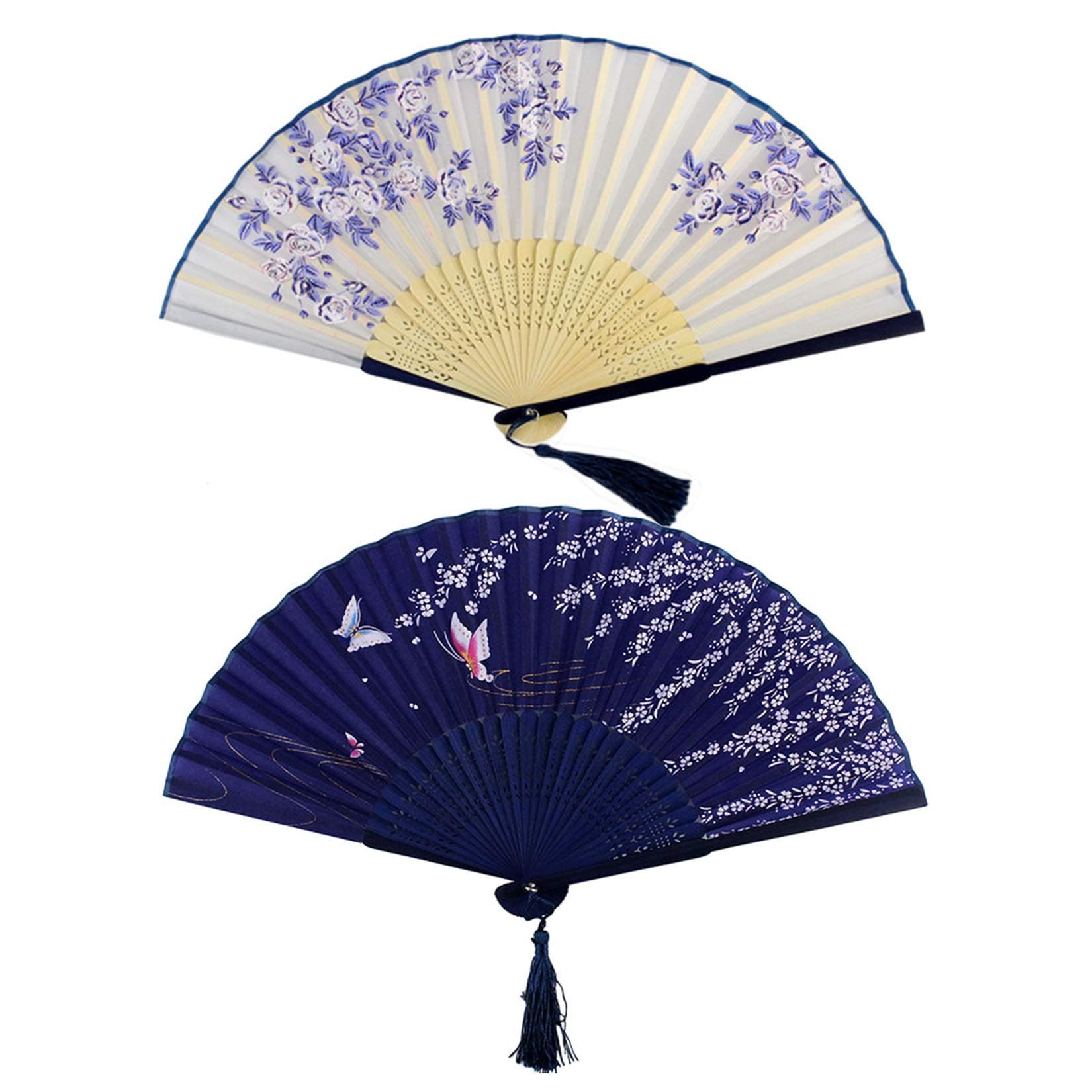 Bantoye 2 Pieces Handheld Fans, Silk Folding Fans with Bamboo Frames for Dancing Cosplay Party Props Decoration, White Blue
