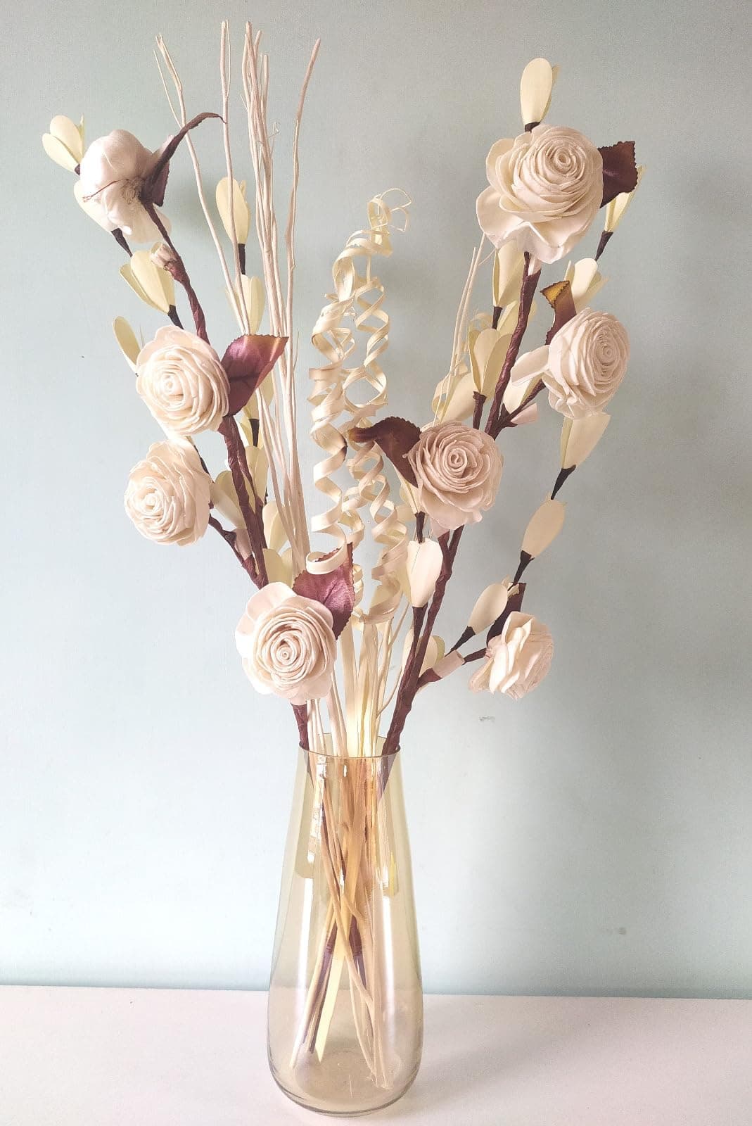 SILPOMALL Wood Handmade Artificial Flower Sticks with White Filler for Home Décor (White Rose with Filler Stick)