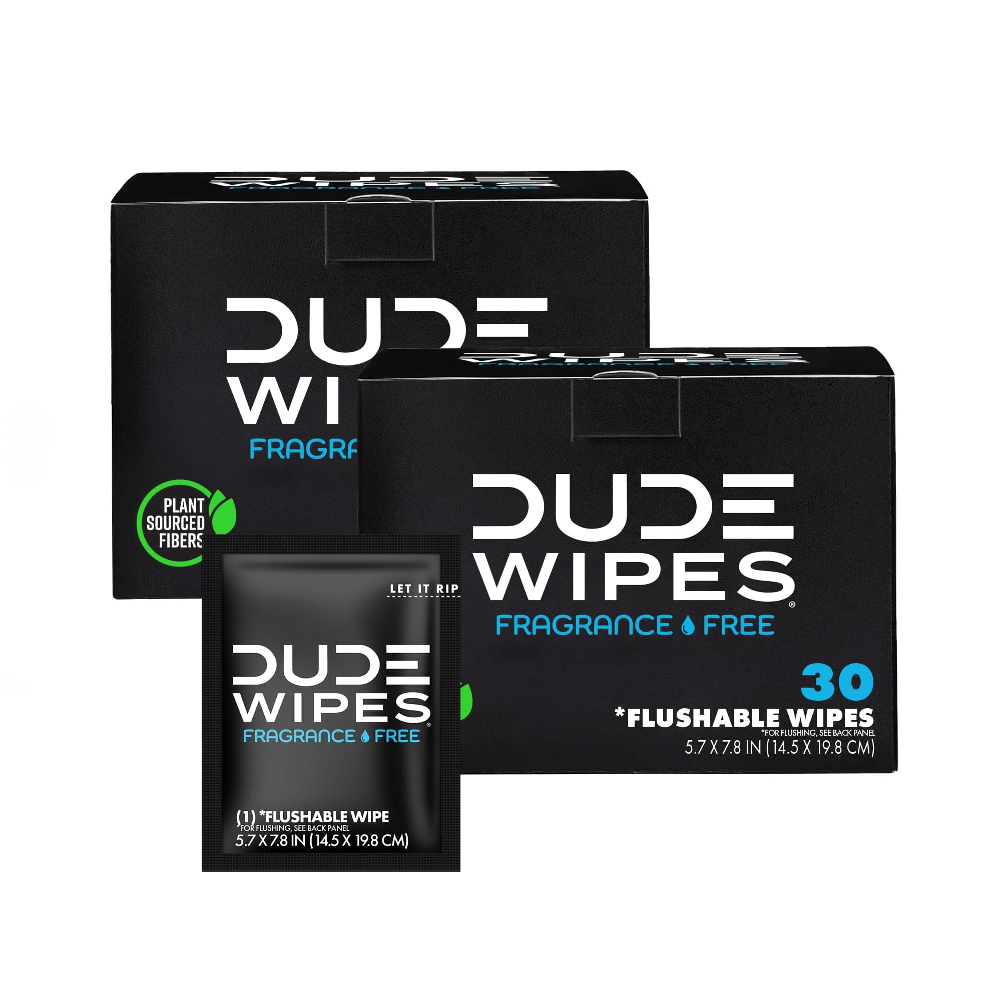 DUDE Wipes Flushable Single Wipes for Travel, Unscented with Vitamin-E & Aloe, 100% Biodegradable (2 Packs, 30 Individually Wrapped Wipes Each)