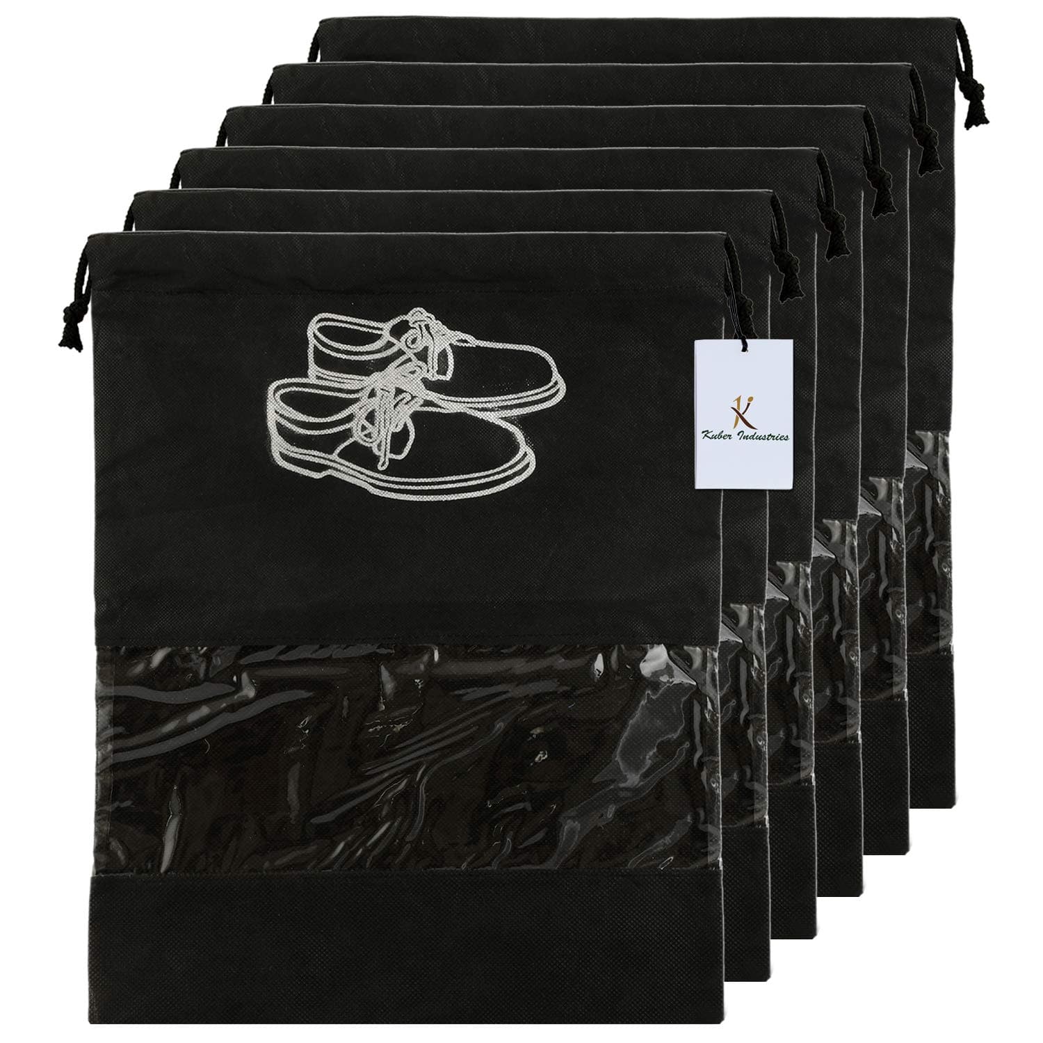 Heart Home (Pack of 6) Shoe Storage Bag | Travel Shoe Storage Bags | Travelling Shoe Bag | Clear Window Shoe Pouch | Drawstring Shoe Organize | Plain | Black
