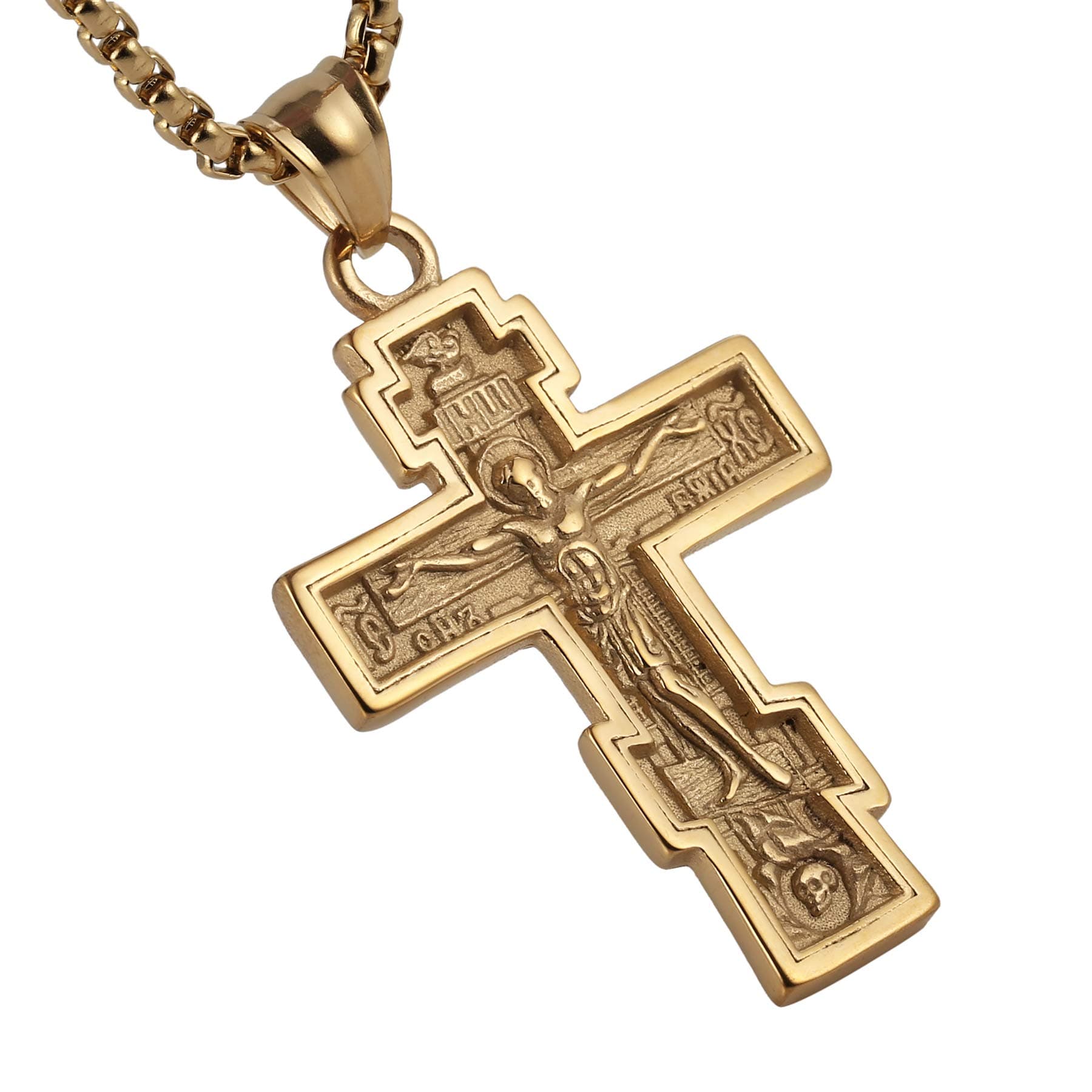 HZMAN Vintage Orthodox Cross Crucifix Stainless Steel Pendant Necklace 22+2 Inches Chain, Colour Silver Gold Black