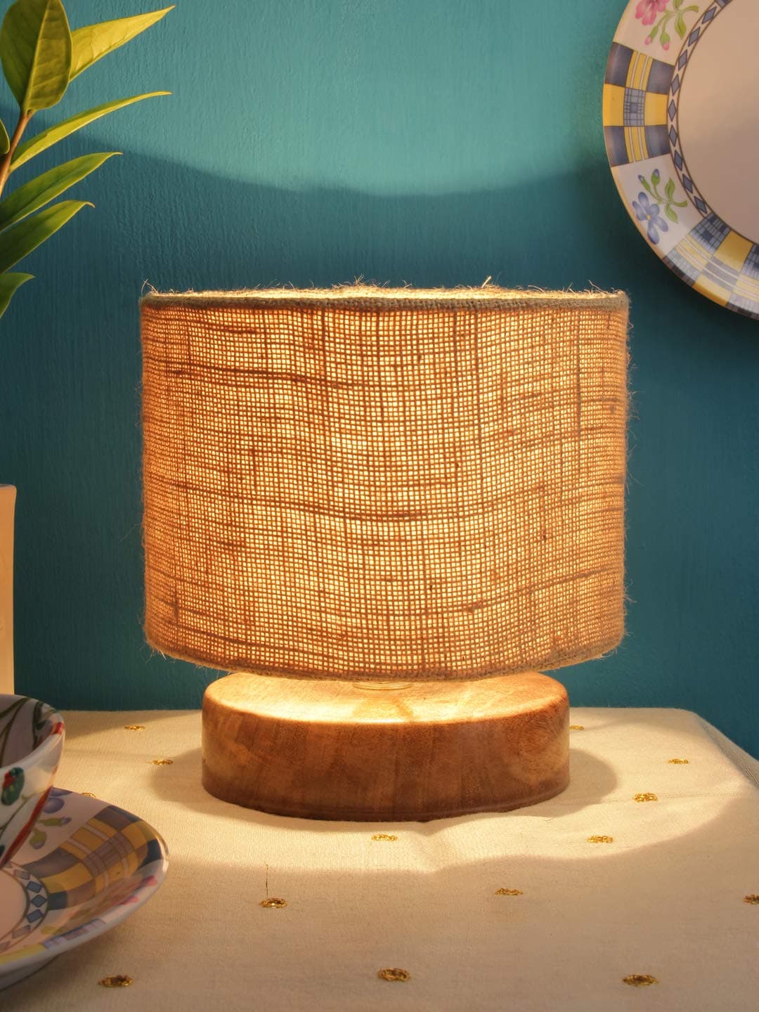 AMDHOME Jute Shade Table Lamp, Night Lamp with Wood Base (7 Inches, Color-Beige) for Living Room, Bedroom, Home Decor Item, Bedside & Desk Side Light Lamp, Dovel Pot | Perfect for Decoration & Gifting