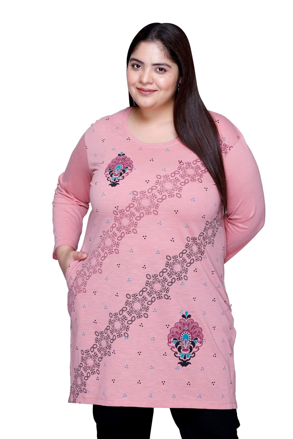 RYSH Women's Plus Size Printed Long Top | Round Neck | Full Sleeve | Relaxed Fit Casual Tunic | Rust | 4XL