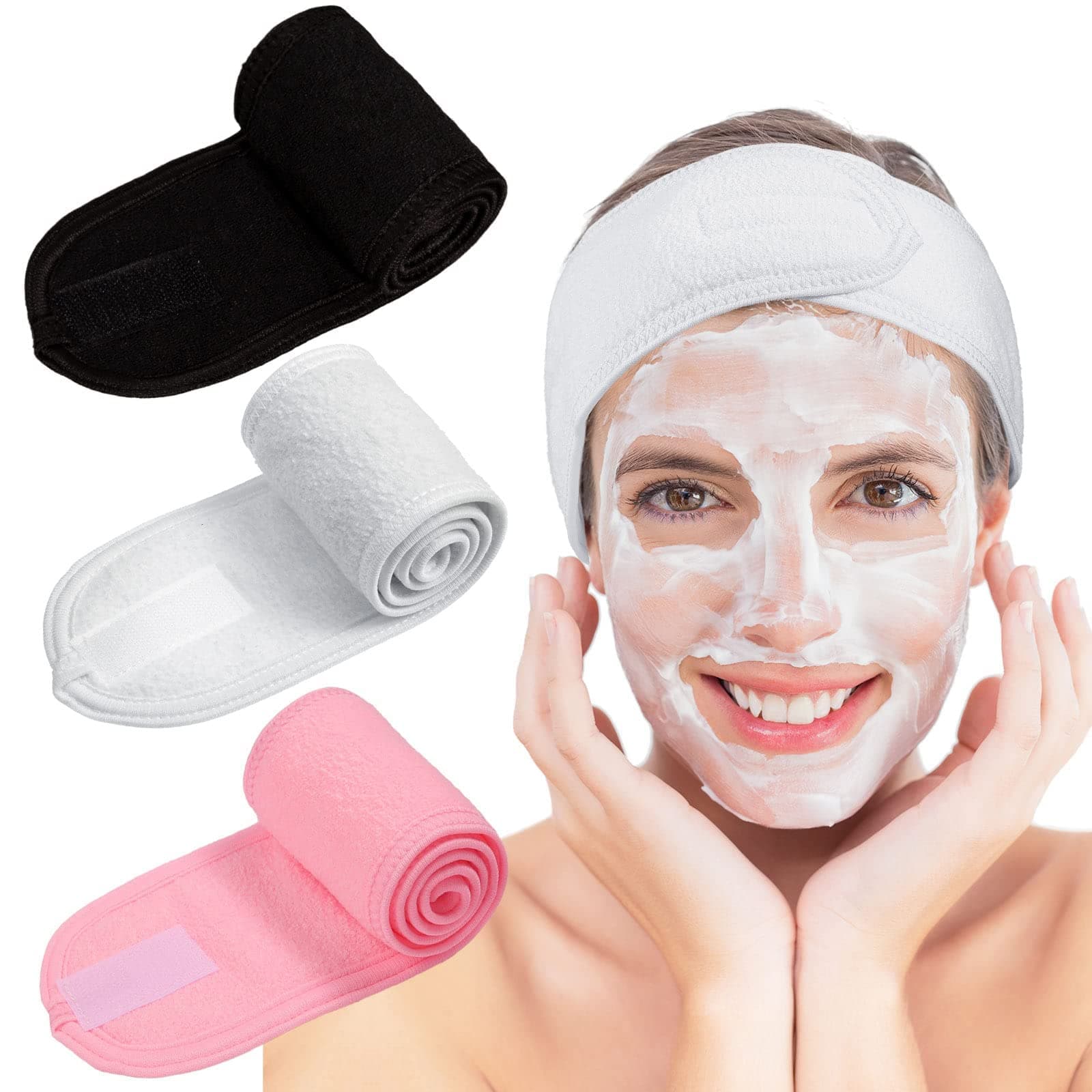 Whale Spa Facial Headband Make Up Wrap Head Terry Cloth Headband Stretch Towel With Magic Velcro, 3 Pieces (White, Black, Pink)