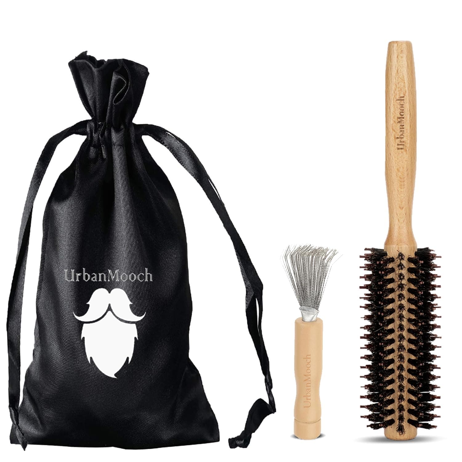 UrbanMooch Nylon & Boar Bristle Round Brush for Blow Drying | Volume Round Comb + Hair Cleaner Combo | Roller Hair Comb for Men | For Quick Blowout, Styling, Curling & Straightening