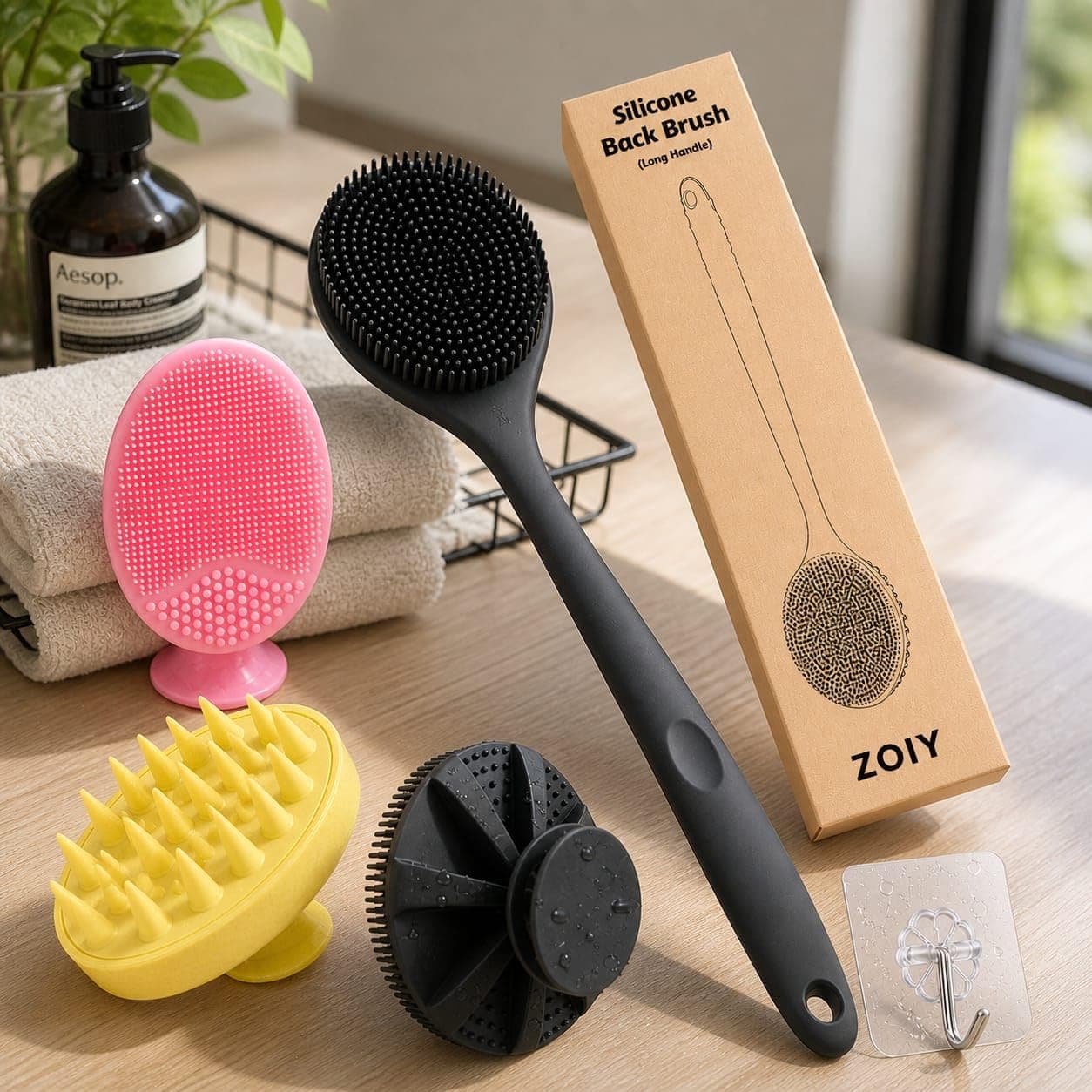 4-in-1 Silicone Bath Brush Set – Long Handle Back Scrubber, Body Exfoliating Shower Brush, Scalp & Face Massager, BPA-Free Soft Silicone Bath Brush for Men & Women, Hooks Included
