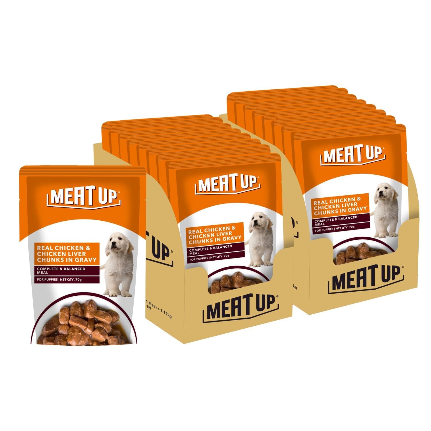 Meat Up Puppy Wet Dog Food, 16 Pouches × 70g, Total 1.12kg | Real Chicken in Gravy | Complete & Balanced Meal | Supports Digestion & Vitality