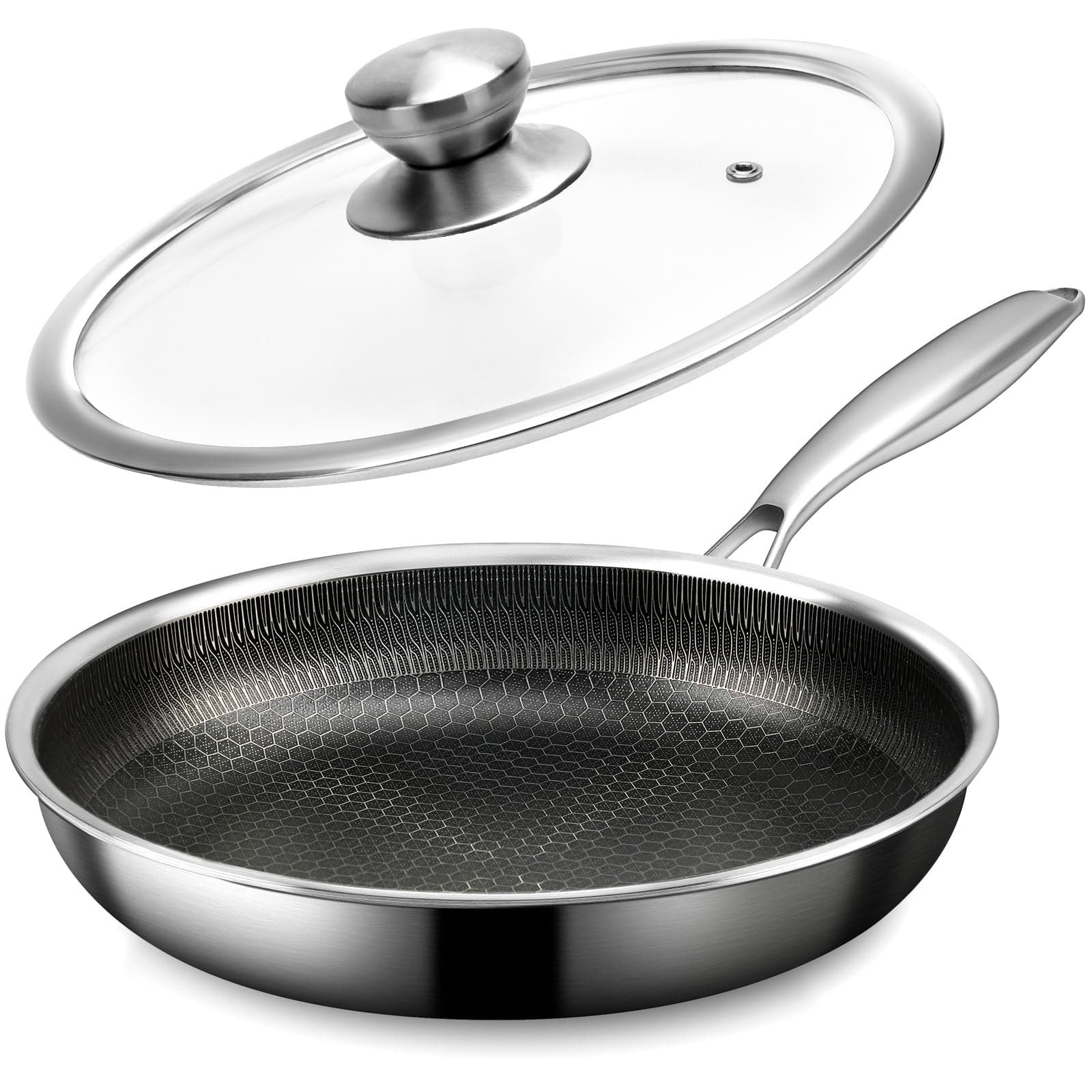 CADIVIZZO Stainless Steel Frying Pan with Lid - 9.5 Inch Nonstick Frying Pan with Lid, Honeycomb Stainless Steel Skillet Omelet Chef's Pan with Stay Cool Handle, Induction Compatible, PFOA Free