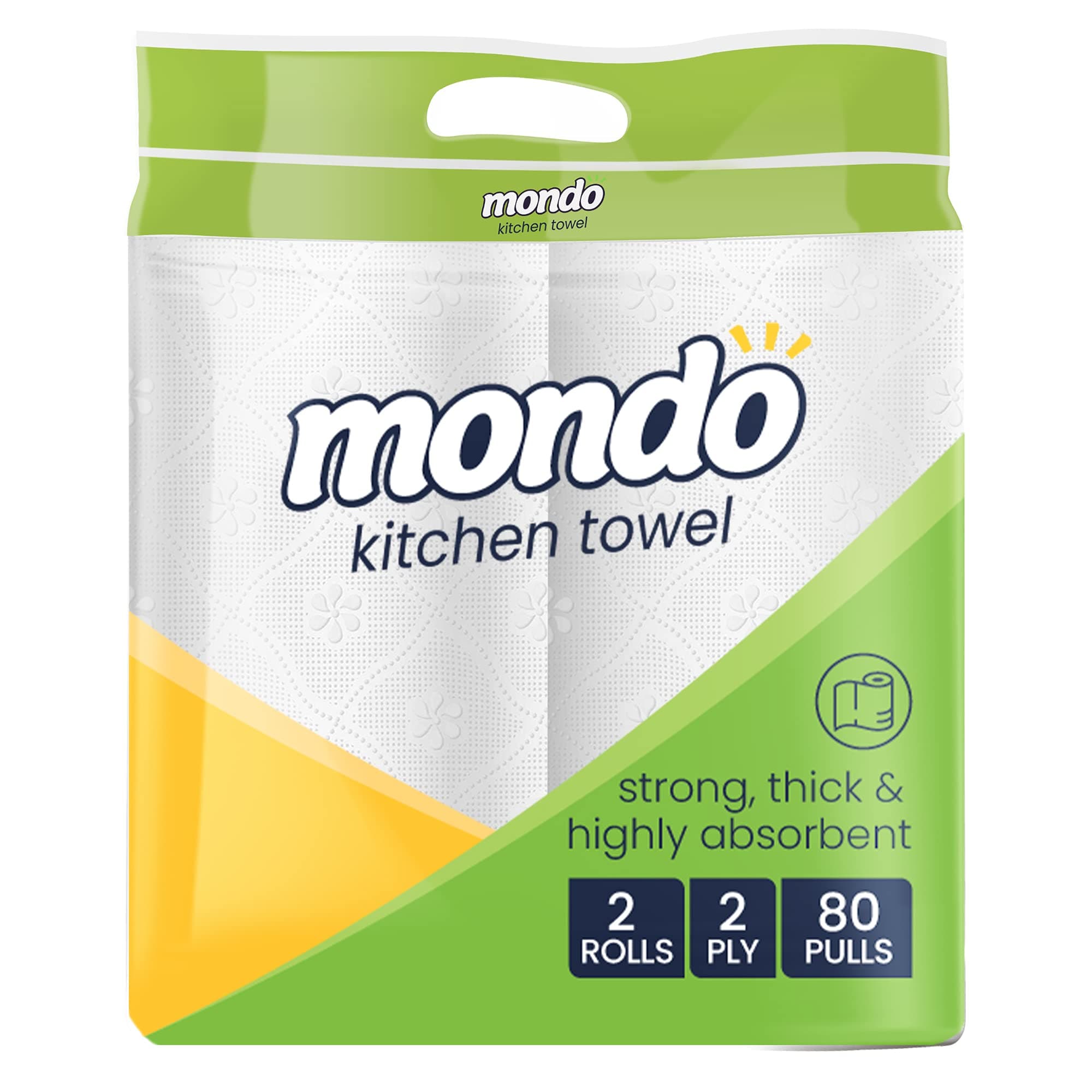 Mondo Kitchen Tissue Roll (2 Ply, 80 Pulls) | Effective on granite, steel, glass, tile, wood | 100% biodegradable product | FDA approved, OBA free | Tissue Papers Kitchen