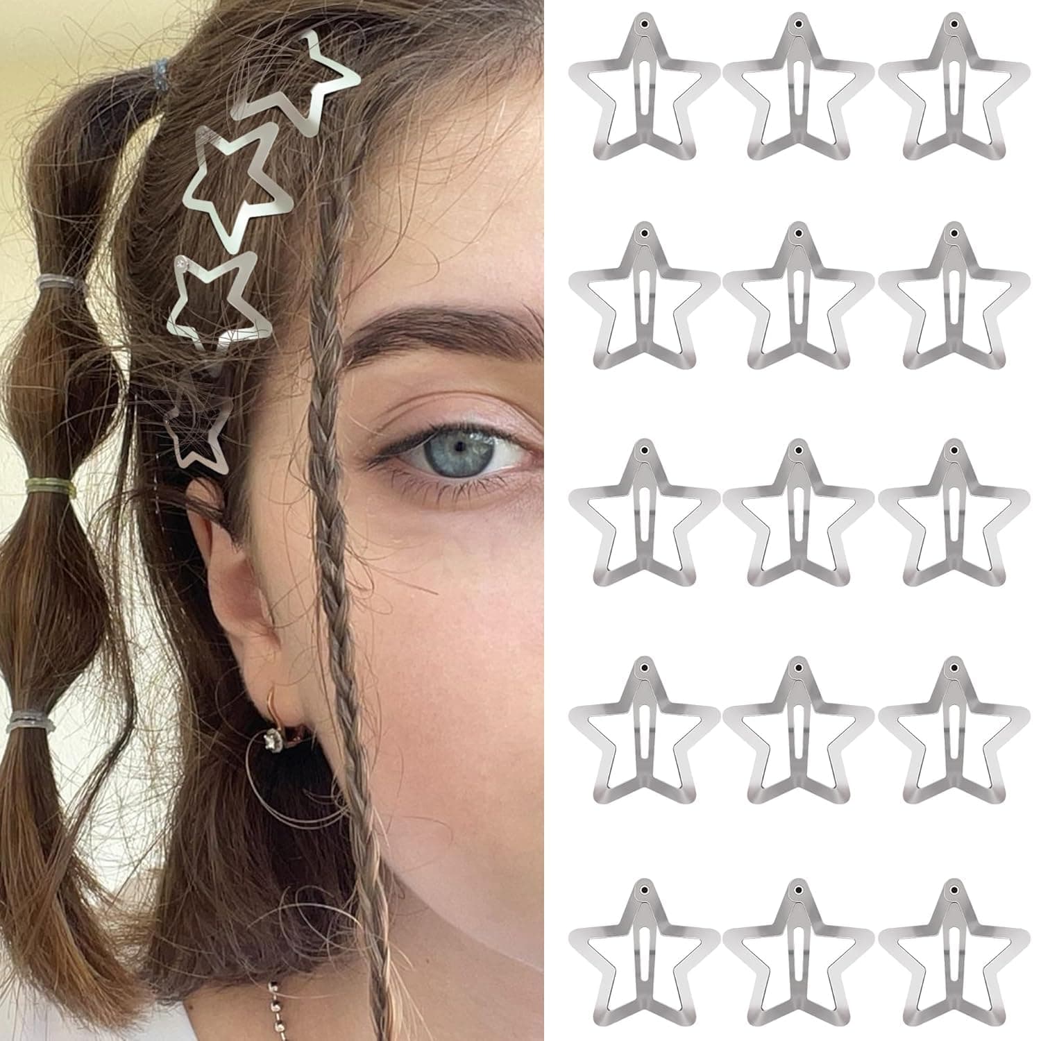 10Pcs Silver Hair Clips for Teens Kawaii Hair Accessories for Women Y2k Snap Hair Barrettes Non Slip Star Clips Metal Star Hair Clips for Girls