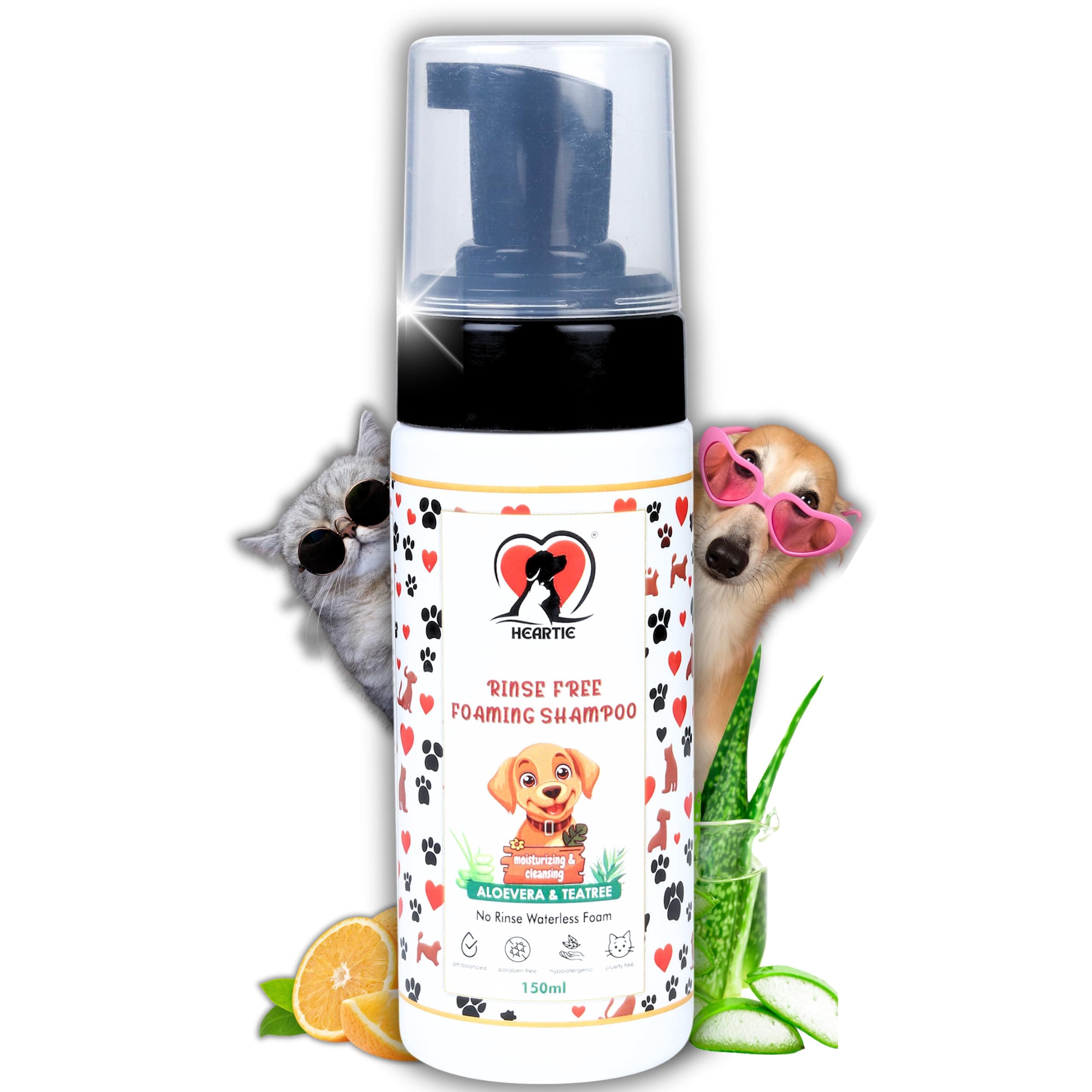 HEARTIE Rinse-Free Foaming Dry Shampoo for Dogs and Cats | 150ml Waterless Pets Bath with Aloe, Orange, Tea Tree & Vitamin C | Dog and Cat Grooming Foam | Dry Shampoo for Cats