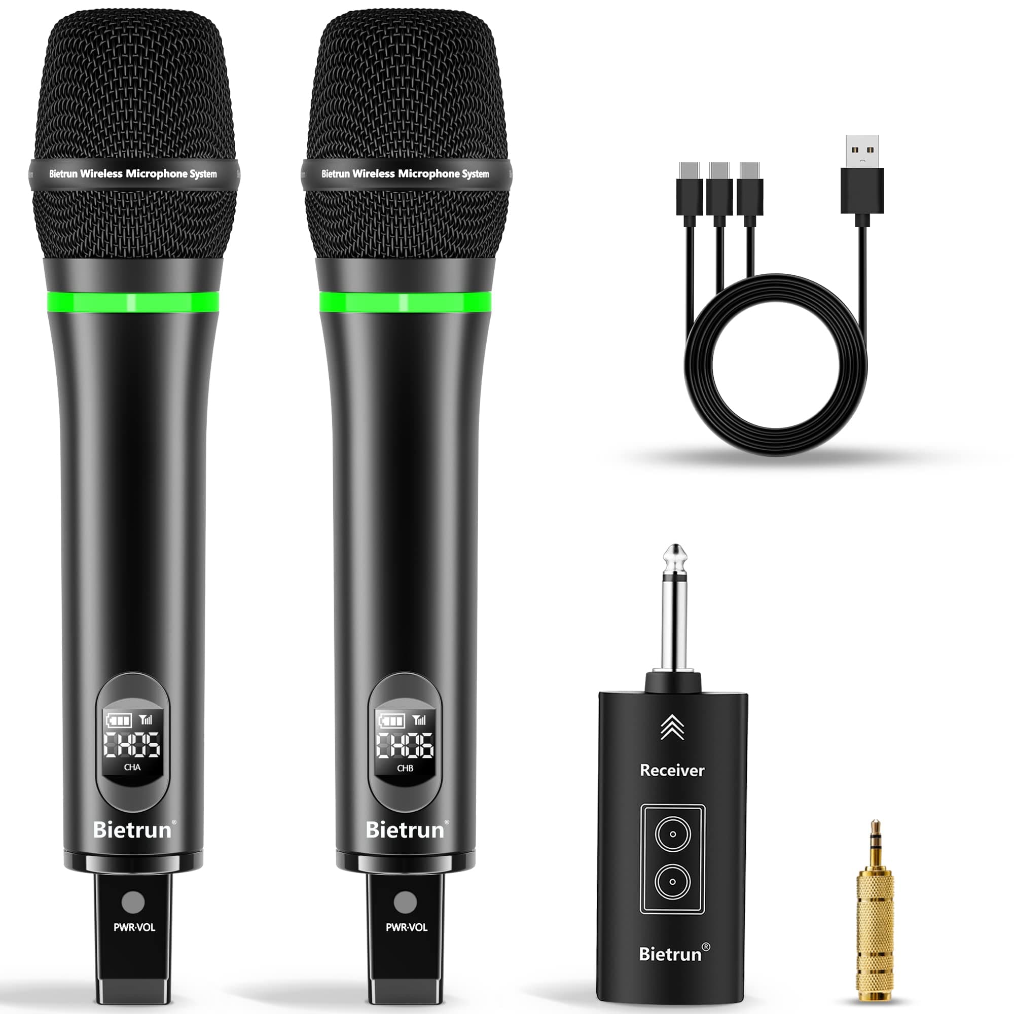 Bietrun Wireless Microphone, Rechargeable UHF Metal Dual Cordless Handheld Dynamic Unidirectional Mics with Bluetooth for Karaoke Machine, PA System Speaker, Mixer, Party, Church, Wedding(240ft Range)