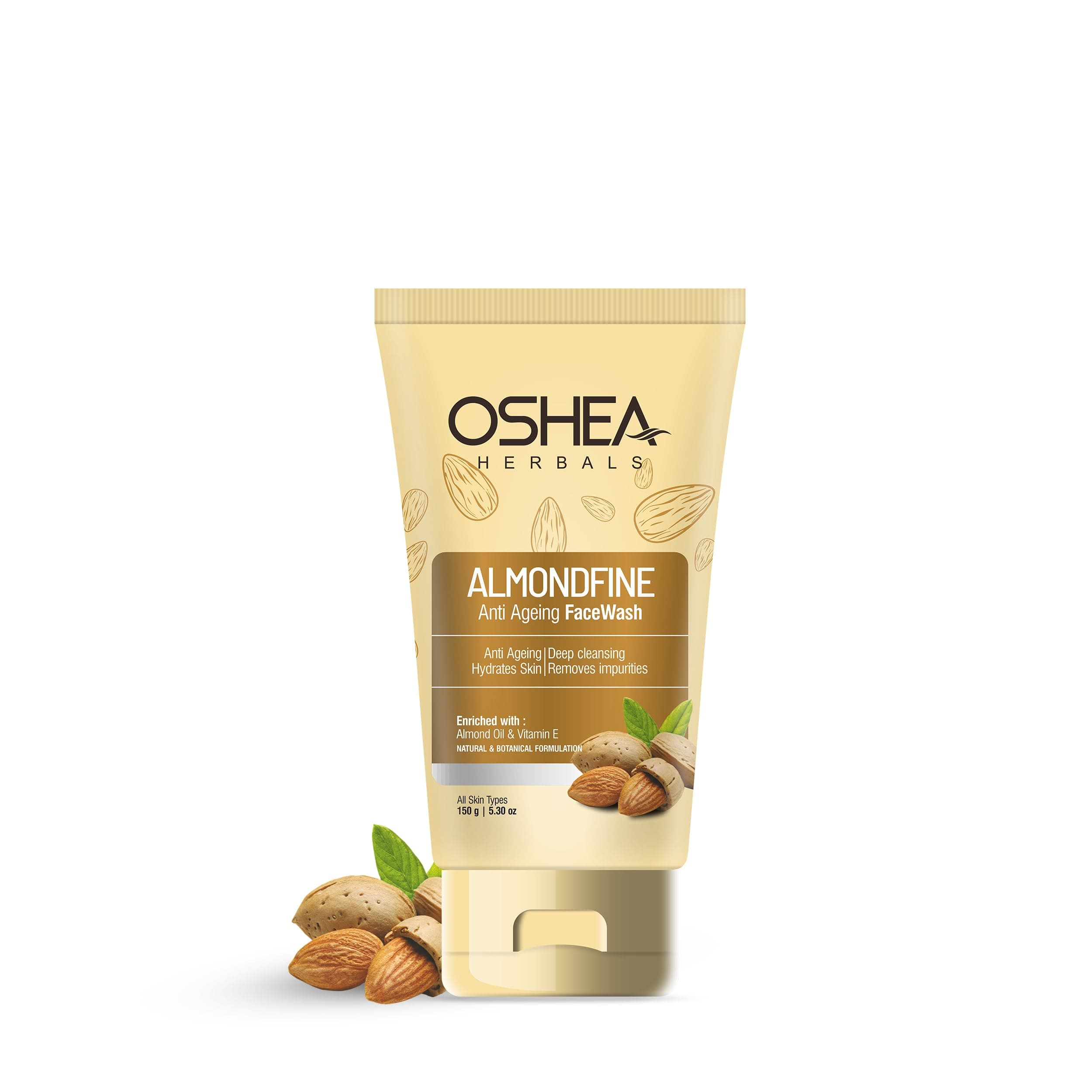 Oshea Herbals Almondfine Anti Agening Gel Face Wash For All Skin Types | Deep Cleansing & Hydrates Skin with Almond Oil & Vitamin E 150gm