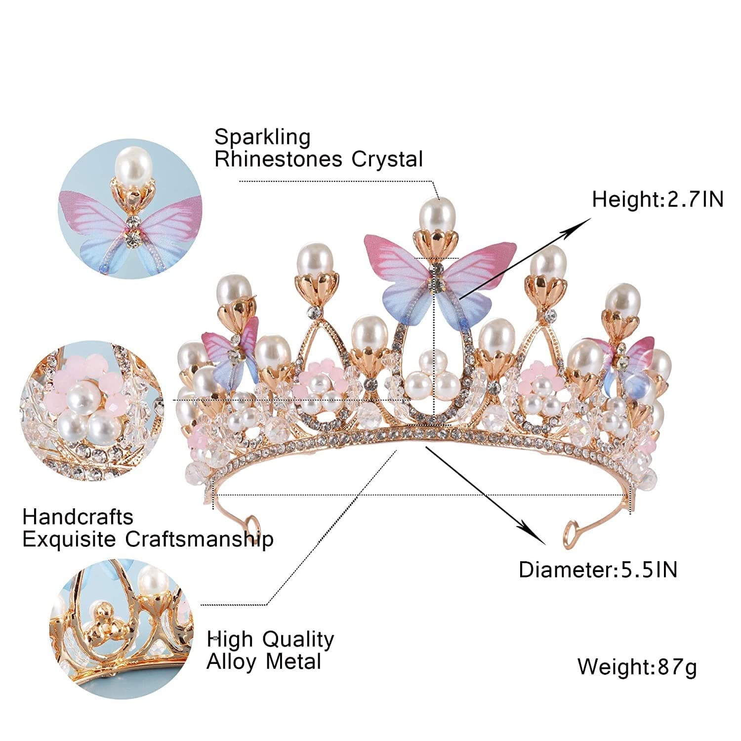Simxen Crystal Tiara Crown Pearl Princess Costume Crown Headband Flower Pageant Handmade Hair Accessories Cosplay,Birthday,Celebration for Girl Women