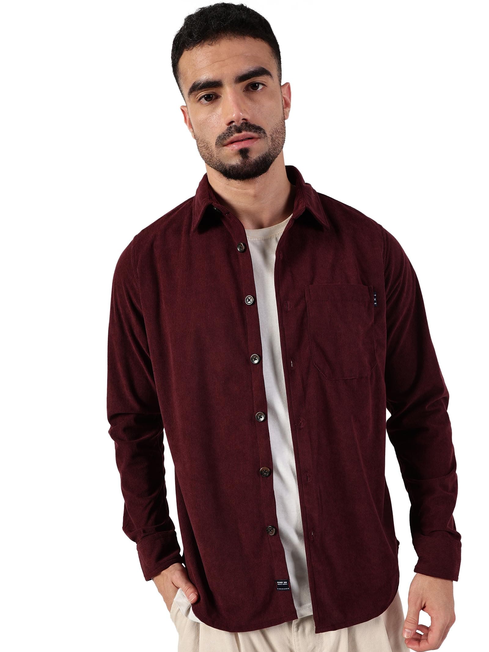 Thomas Scott Men's Spread Collar Long Sleeve Slim Fit Corduroy Casual Shirt(TS1636_Wine_S)