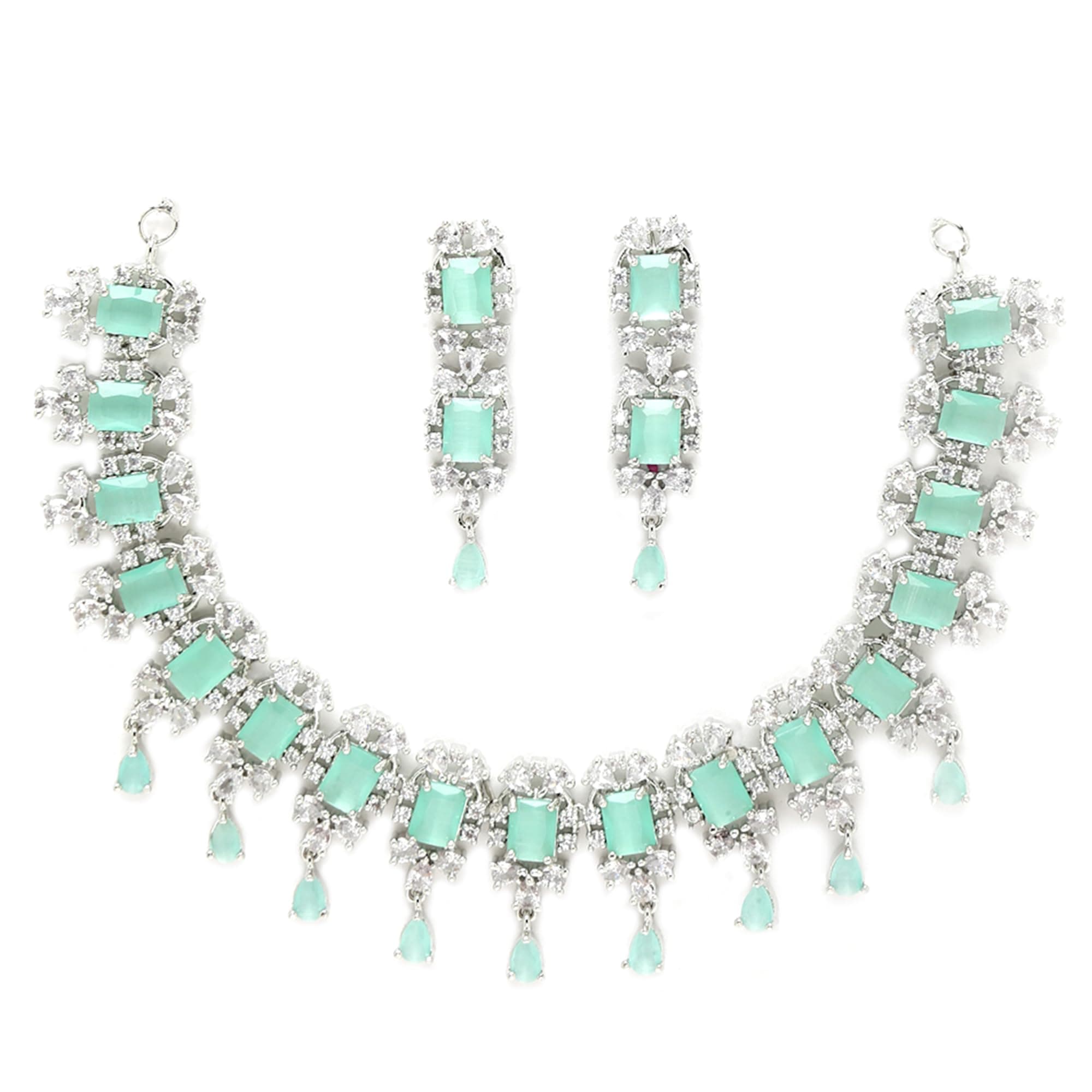 ZENEME Rhodium-Plated Sea Green Rectangle Drop American Diamond Necklace Set with Earrings for Women & Girls, Designer Statement Jewellery Set