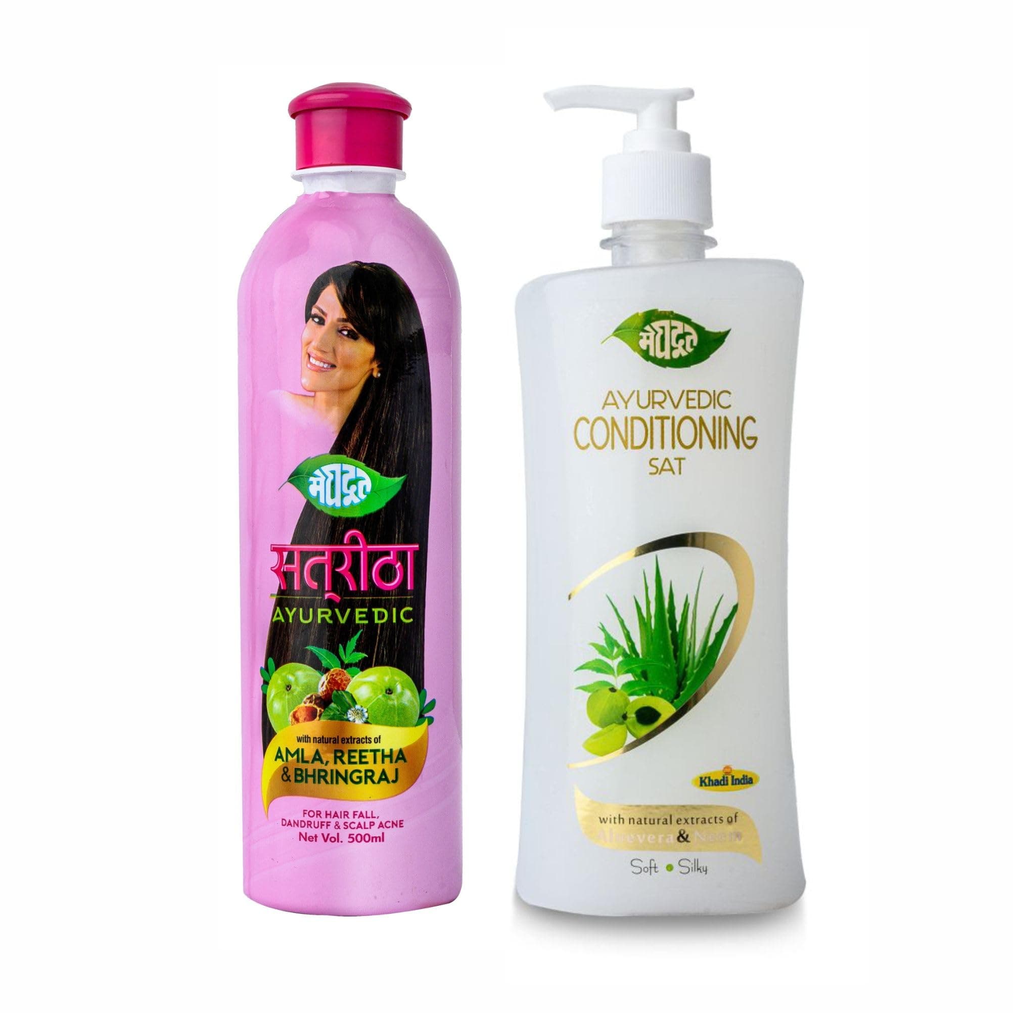 Khadi Meghdoot Combo Pack of Satreetha Shampoo 400ml with Amla, Reetha & Bhringraj + Hair Conditioner 500ml with Tulsi & Neem for Hair Fall Control &