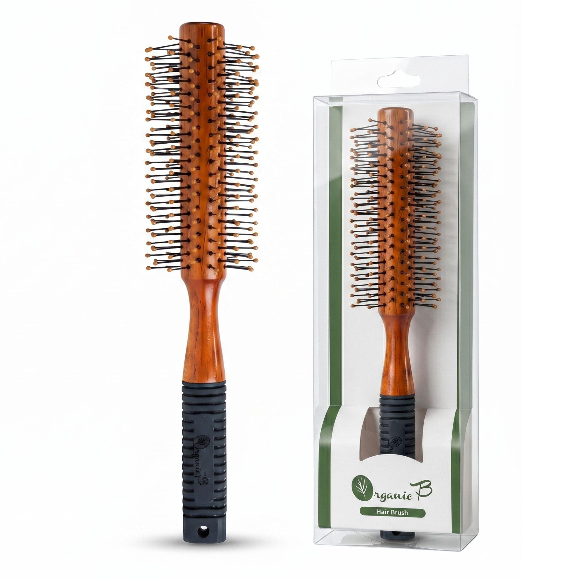 Organic B Wooden Hair Round Brush - Nylon Droplet Bristles & Rubber Handle for Men & Women | Hair Comb for Men, Comb Brush, Hair Comb, Round Comb for Man | Curling, Volumizing, Styling