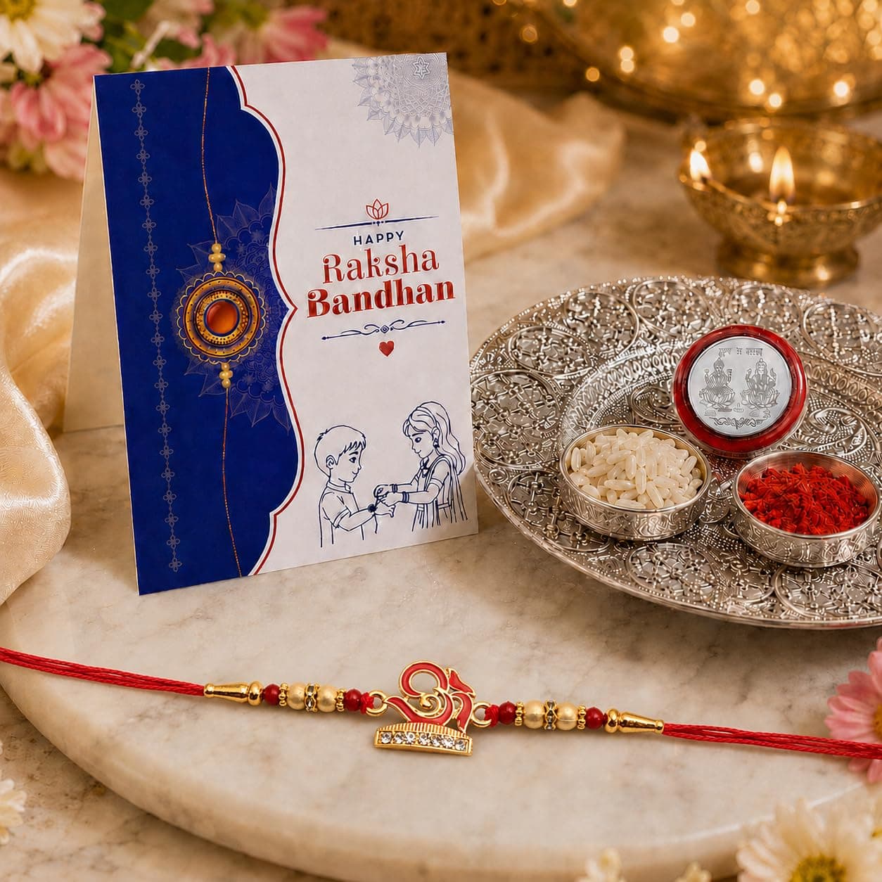 Oblivion Pooja Thali with Rakhi Set for Brother – Designer Colourful Peacock Shaped Rakhi with Silver Colour Pooja Coin and Greeting Card, Traditional Raksha Bandhan Celebration Gift Combo for Bhai