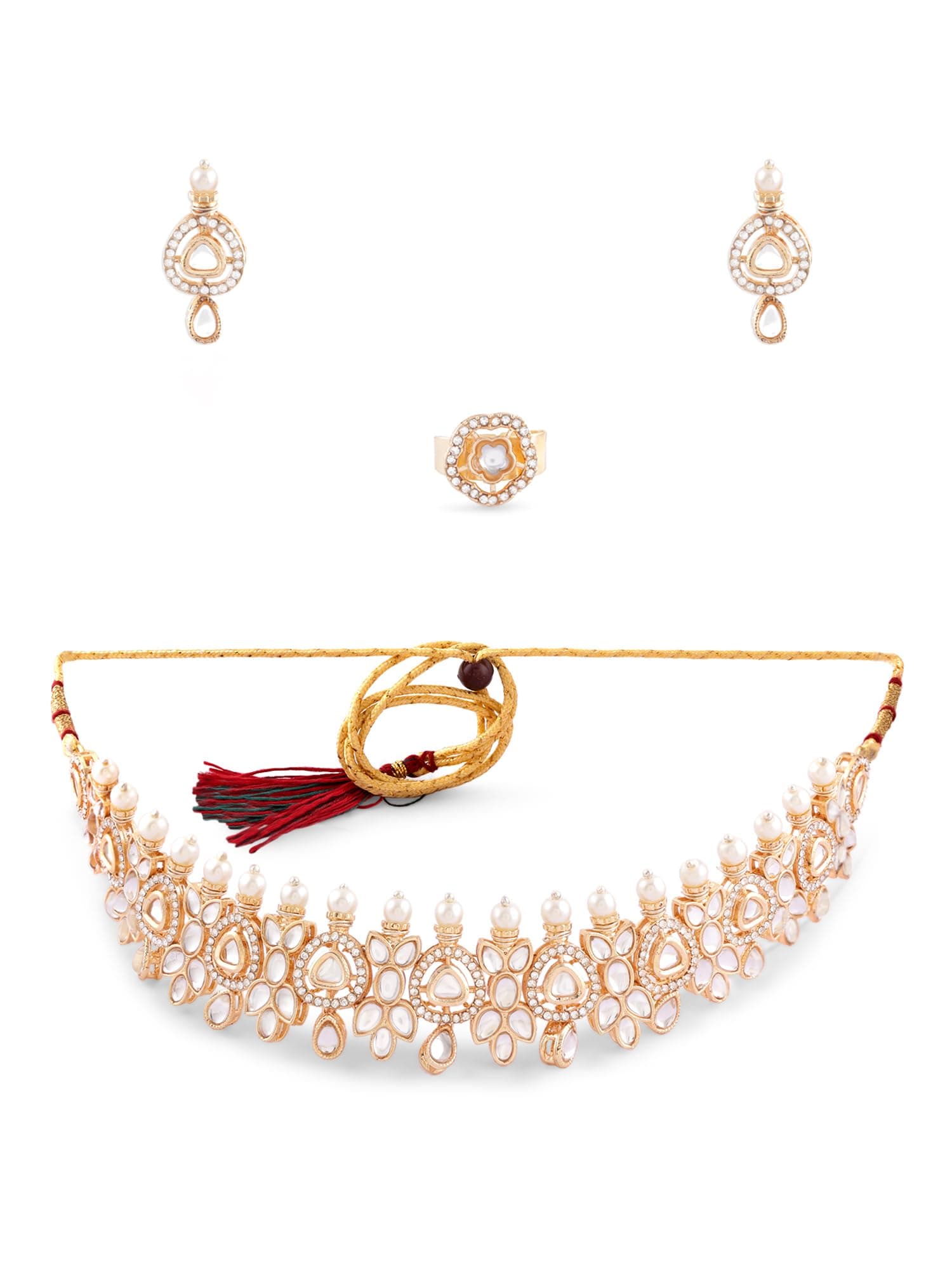 ZAVERI PEARLS Gold Tone Austrian Diamonds Rajwada Kundan Choker Necklace Earring & Ring Set For Women-ZPFK17282