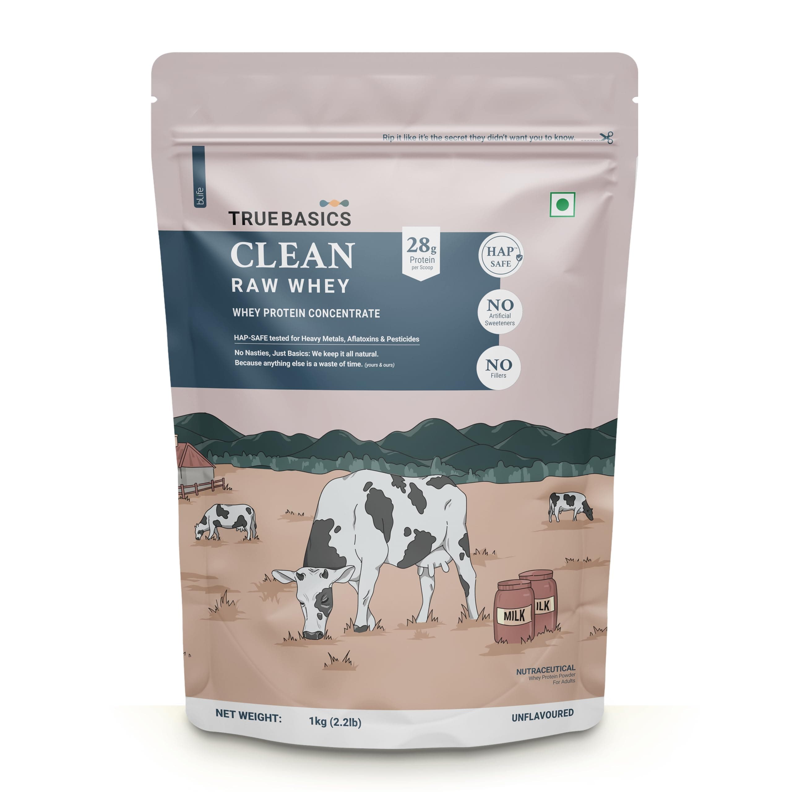 TrueBasics Clean Raw Whey Protein Concentrate Powder, Unflavoured, 1kg