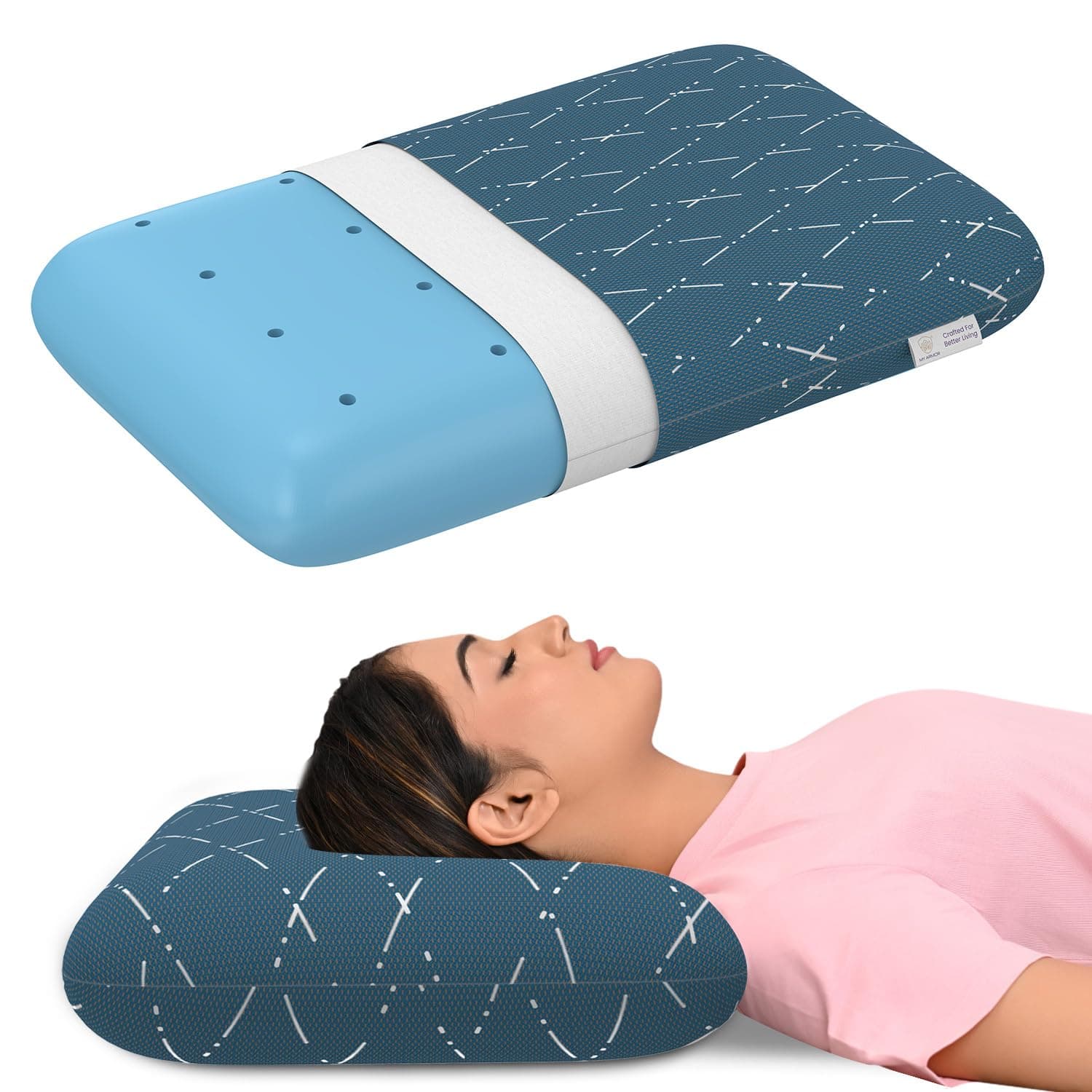 MY ARMOR Cool Gel Memory Foam Pillow, King Size - 5 Inch Thick, Orthopedic Pillows for Sleeping, Pillow for Neck Pain and Shoulder Pain, Washable Blue Checks Cover - Pack of 1