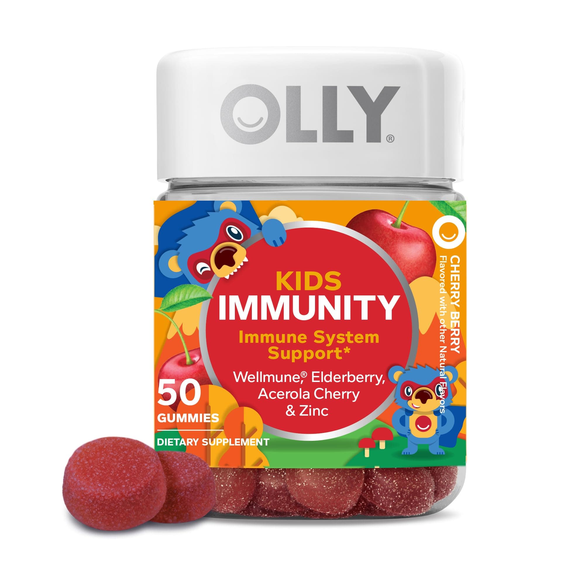 OLLY Kid's Wellmune/Acerola Cherry/Elderberry and Zinc/Cherry Berry Mighty Immunity Gummy Supplements -50 Count
