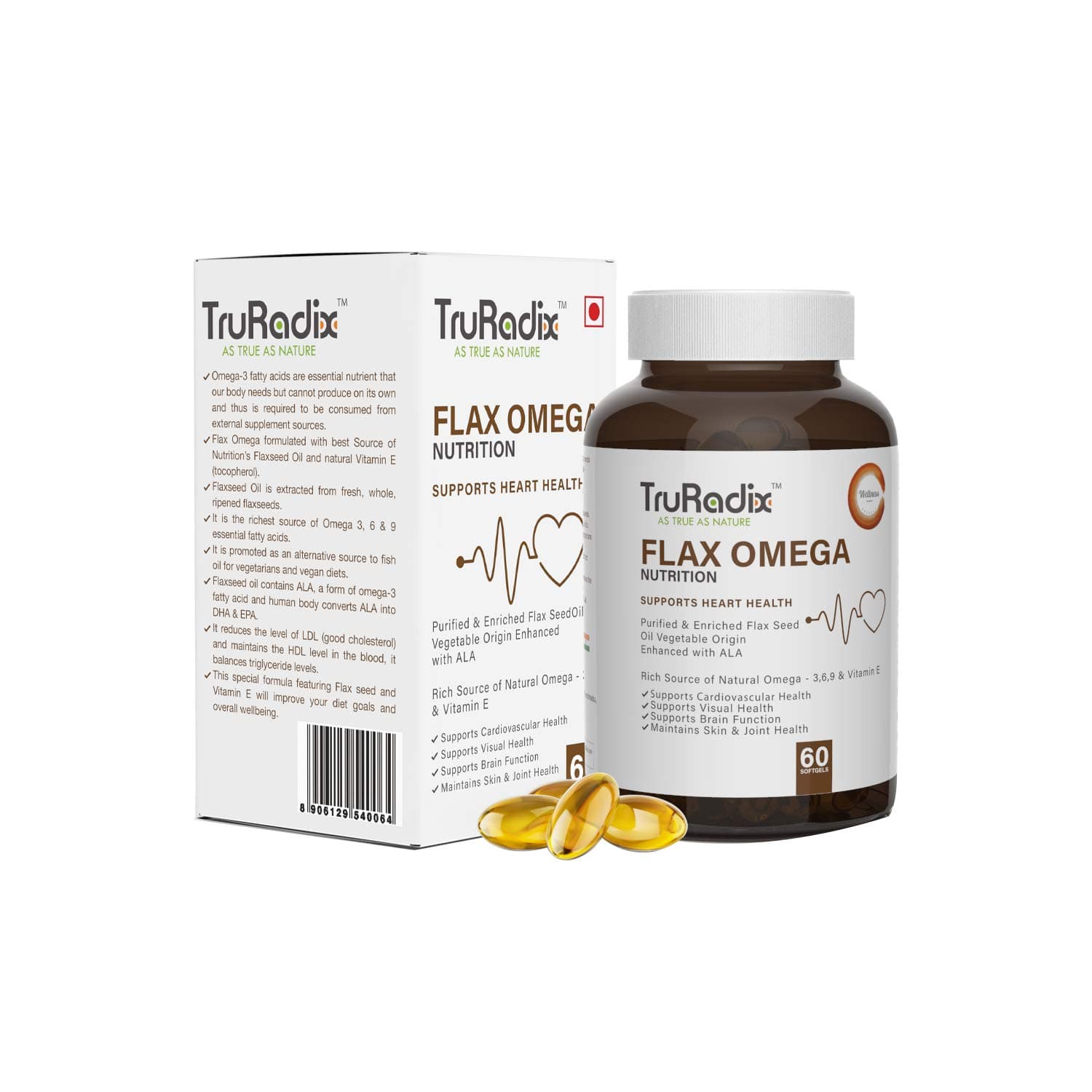 Truradix Flax Omega Nutrition 500 Mg | Purified & Enriched Cold Pressed Flaxseed Oil (Pack of 60 Soft Gels)