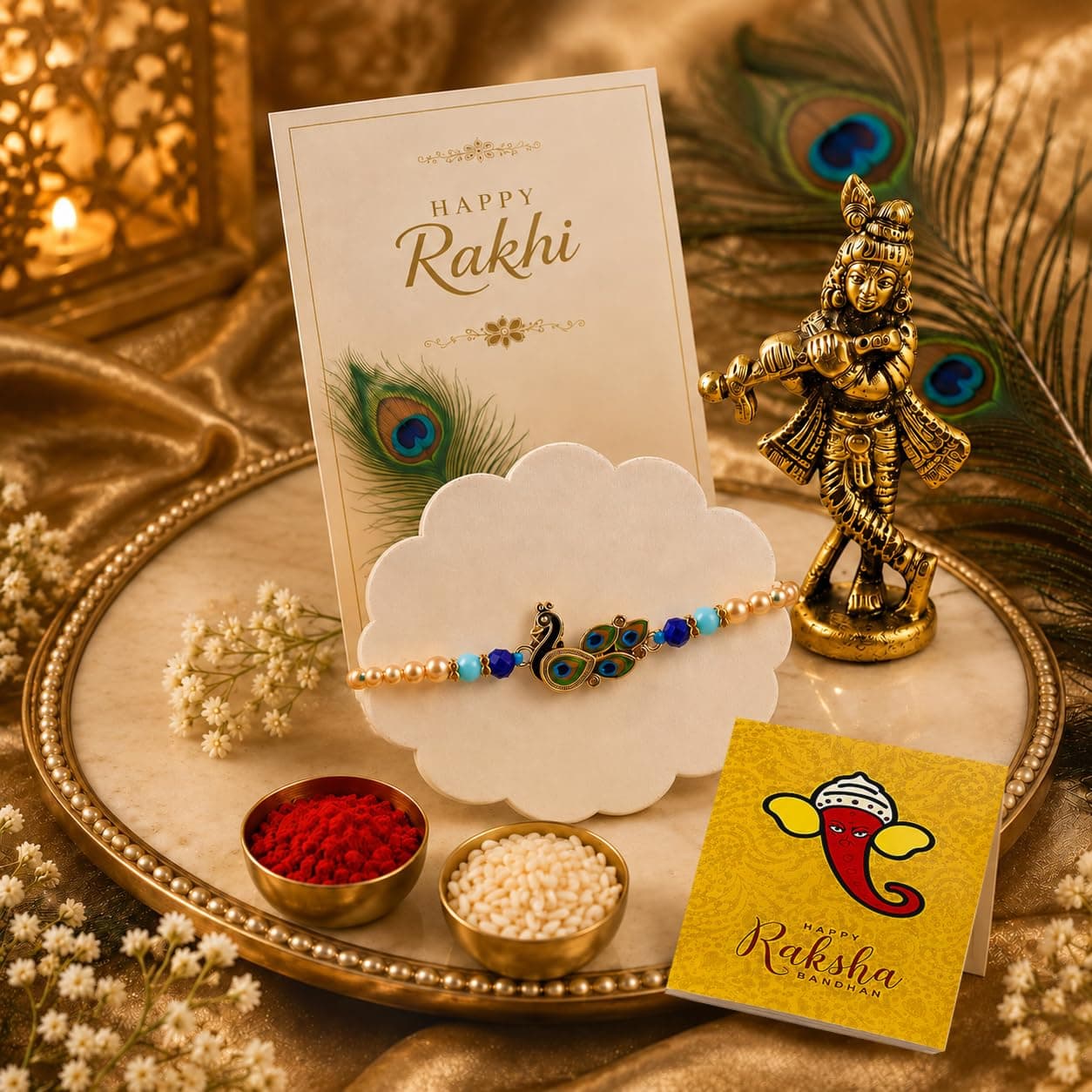CraftVatika Rakhi Gift for Brother with Gift Combo Set | Krishna Idol with Rakhi for Brother Boy Bhaiya Men Kids | Rakhis Combo for Rakshabandhan | Peacock Rakhi Set of 1,Krishna Idol for Gift