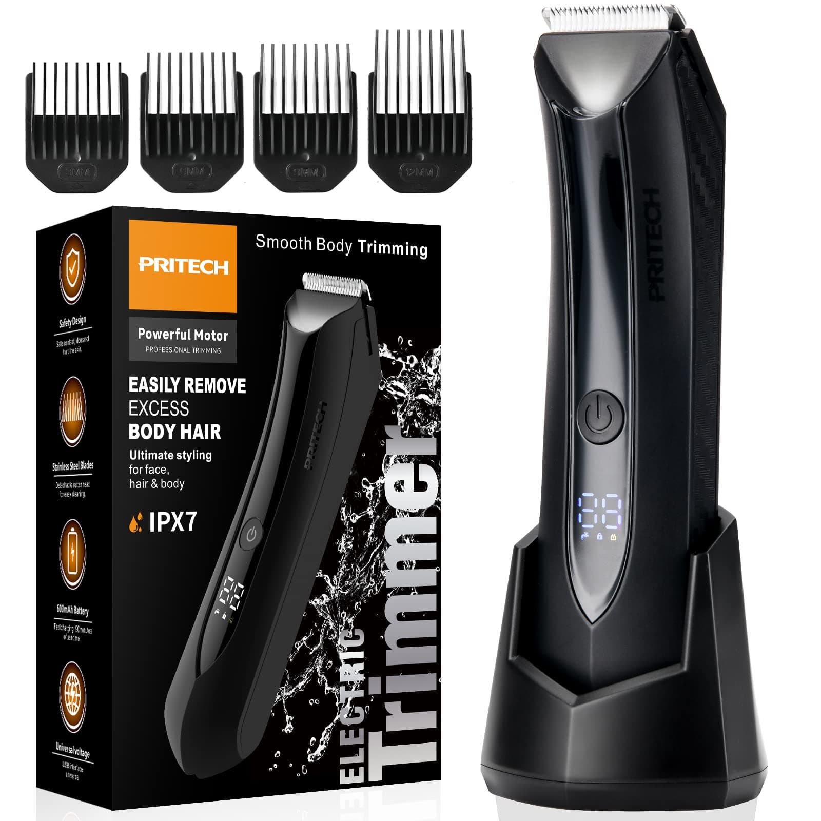 PRITECH Body Hair Trimmer for Men Pubic Hair Trimmer - Wet/Dry Ball Trimmer with Ceramic Blade, Rechargeable Body Shaver for Men with Refill Base