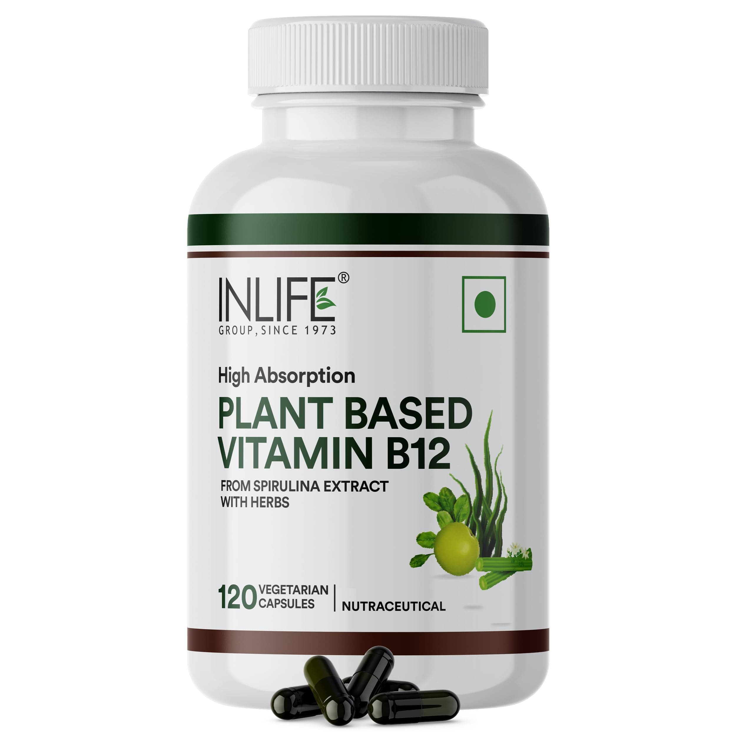INLIFE Plant Based Vitamin B12 Supplement, Spirulina Moringa, 120 Veg Caps