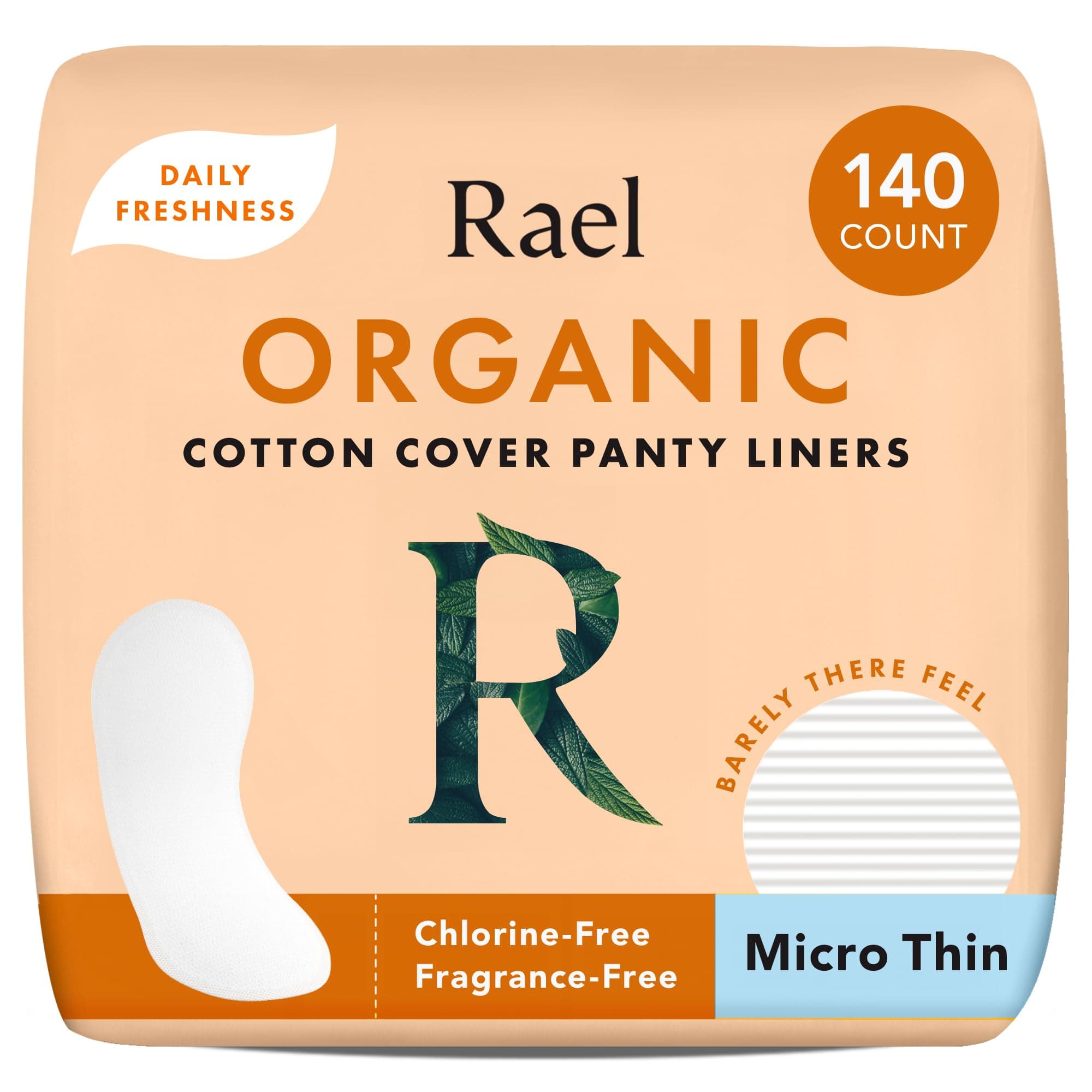 Rael Panty Liners for Women, Organic Cotton Cover - Thin Pantiliners, Light Absorbency, Unscented, Chlorine Free (Micro Thin, 140 Count)