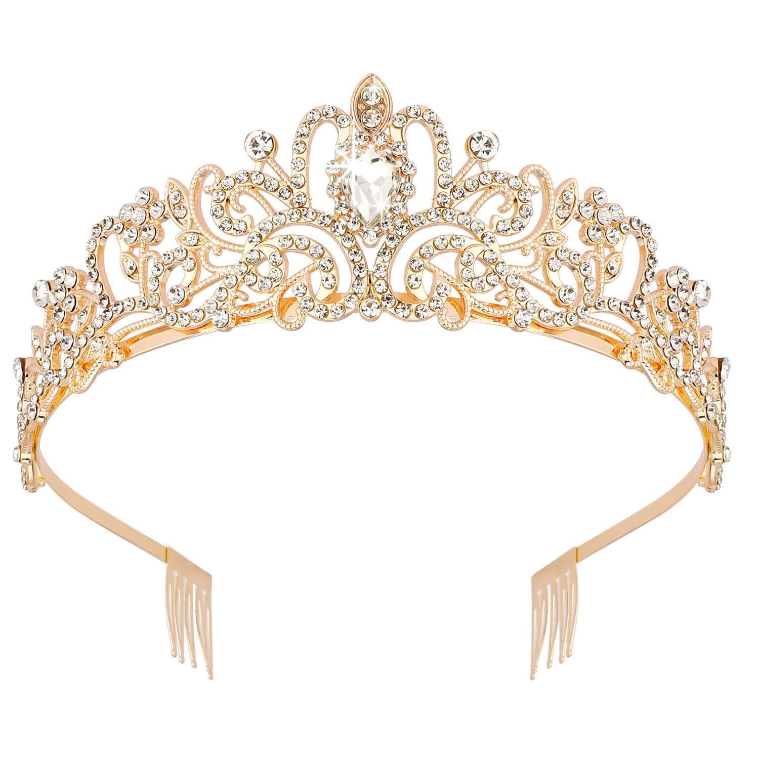 Shining Diva Fashion Crystal Tiara and Crown for Women Stylish Headband Crowns with Comb Tiaras for Girls Kids Queen Princess Wedding Bridal Birthday Gift Hair Accessories (Gold) (rrsd15413hb)