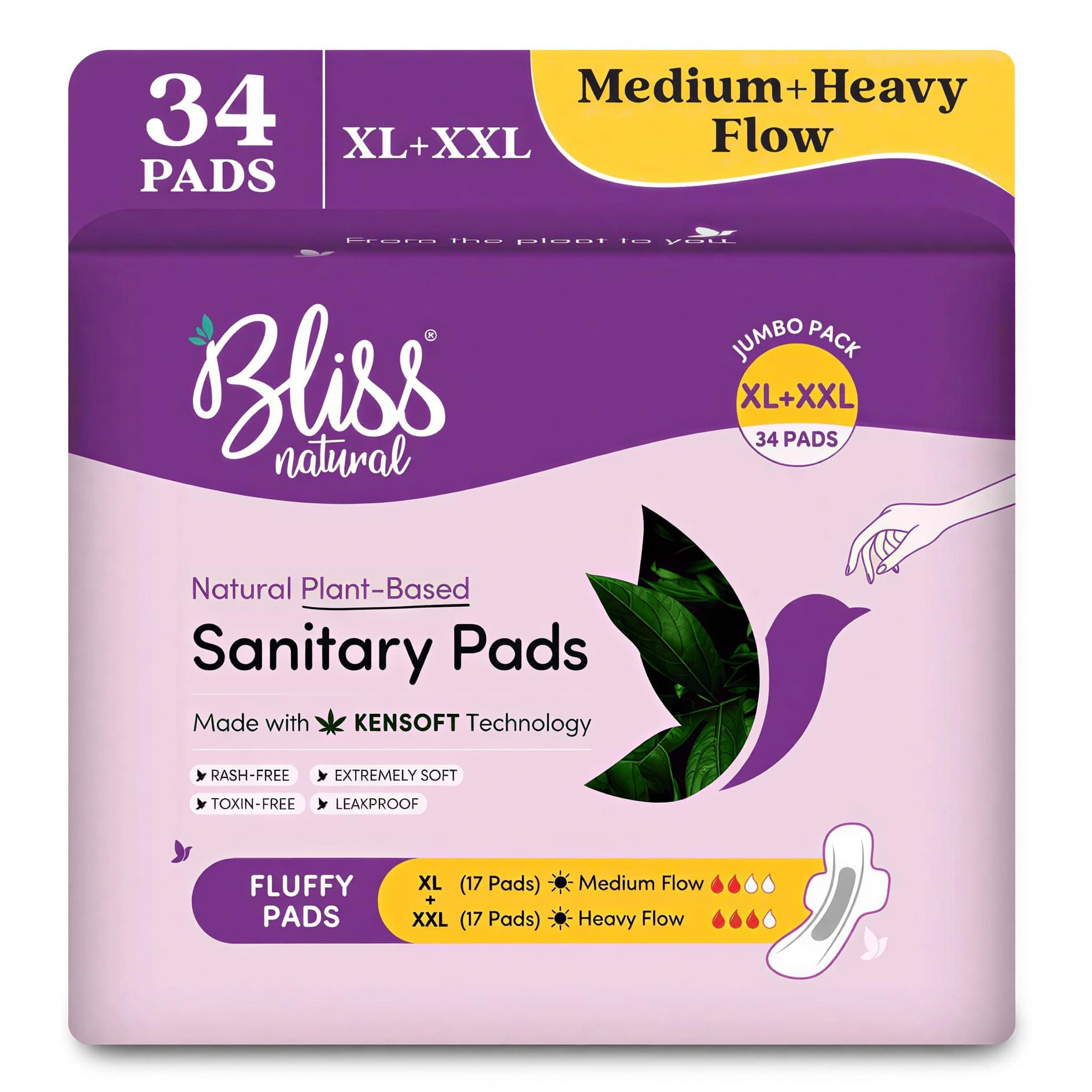 BLISSNATURAL Ultra Soft Sanitary Pads XL+XXL | Pack of 34