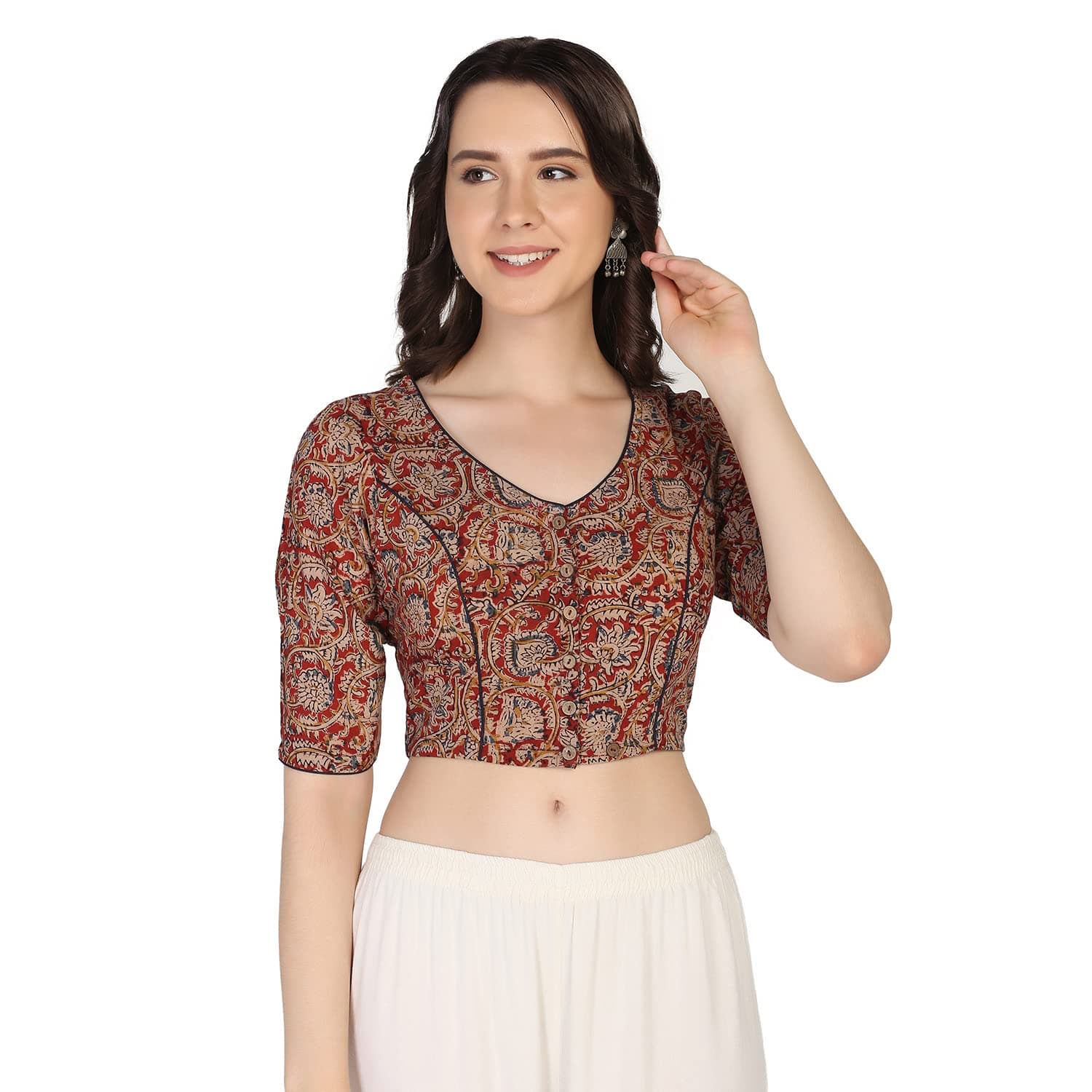 Amazon Brand - Anarva Women Cotton Red Kalamkari Hand Block Print V Neck Casual Half Sleeve Readymade Blouse (Xxl, Red)