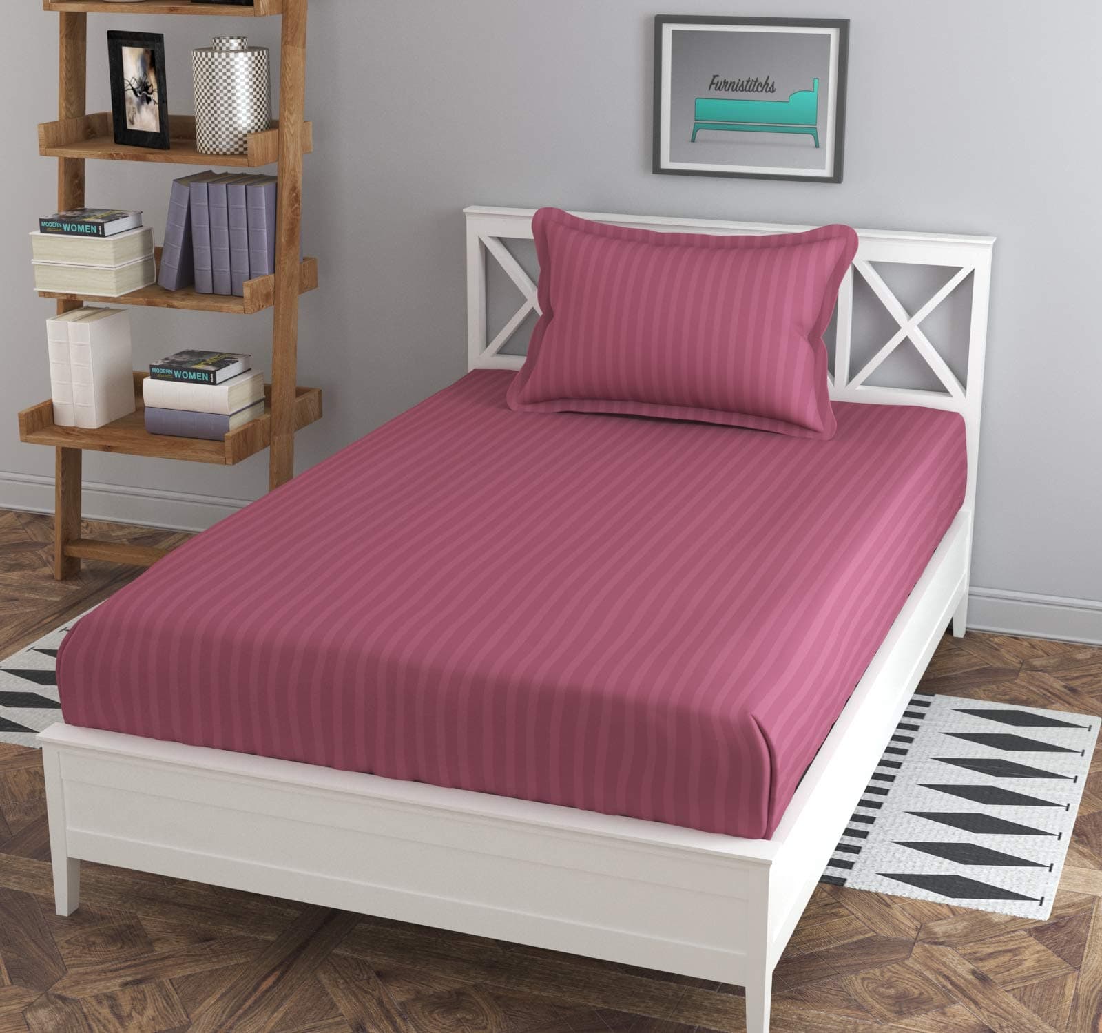 Furnistitchs Plain Stripes Single Elastic Fitted Bedsheets with 1 Pillow Cover, (Onion)