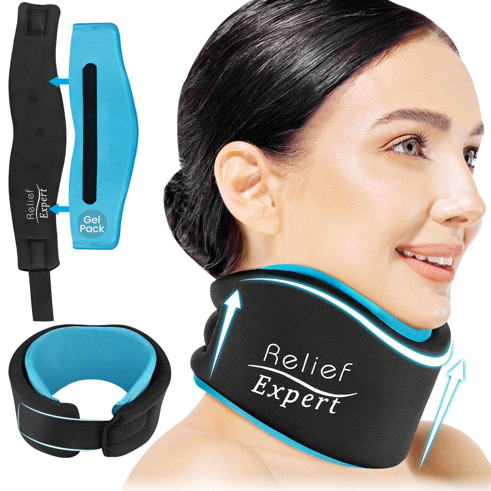 Relief Expert Neck Brace for Neck Pain and Support, Soft Cervical Collar with Reusable Hot and Cold Therapy Gel Pack, Adjustable Neck Support Brace for Sleeping, Pain Relief Neck Ice Pack Wrap