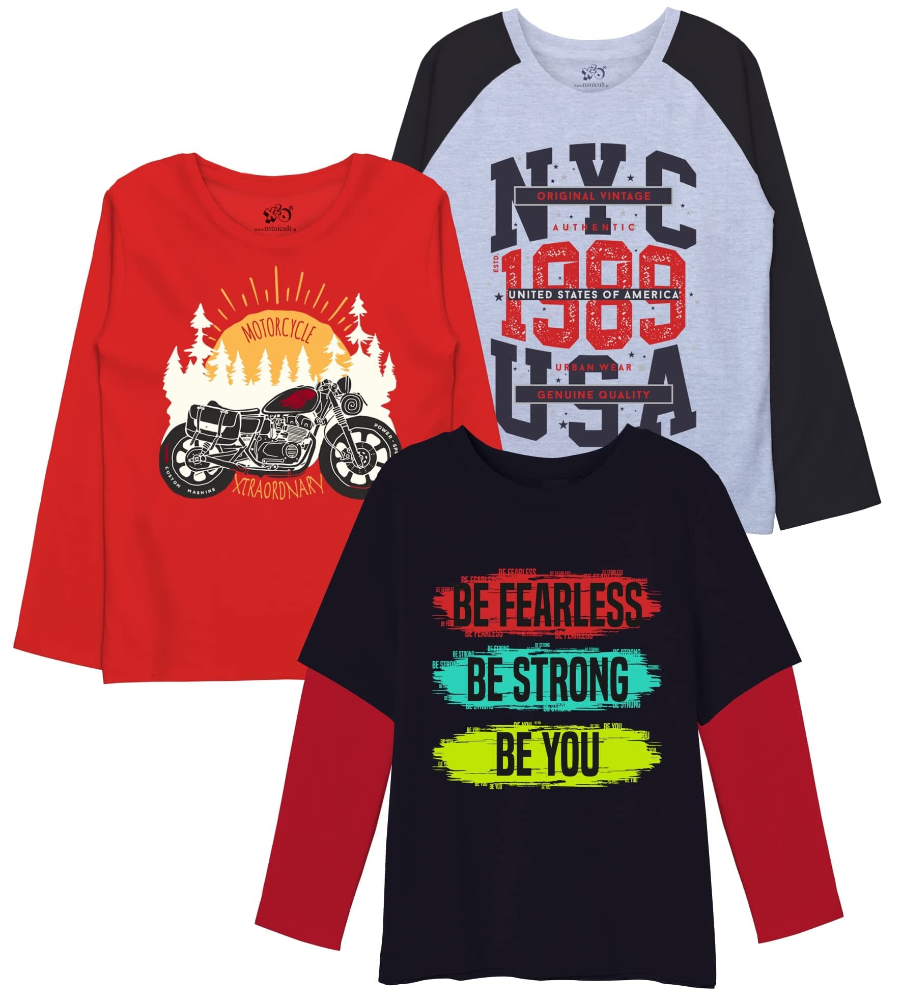 minicult Cotton Printed Full SLAeeve T Shirts for Boys(Pack of 3)(Red RD SLA 3)(11-12 Years)