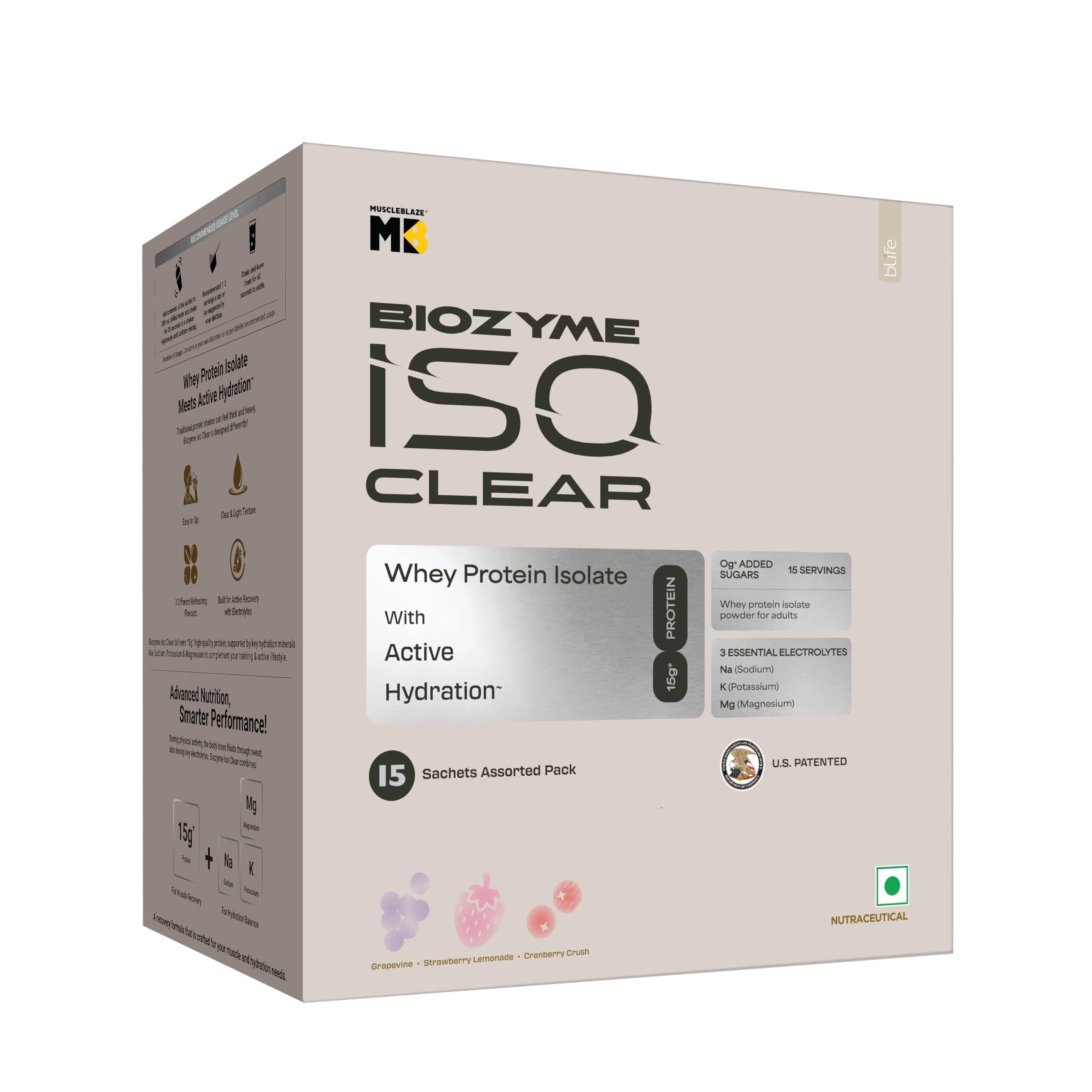 MuscleBlaze Biozyme Clear Whey Isolate, Assorted Flavours, 15 Sachets