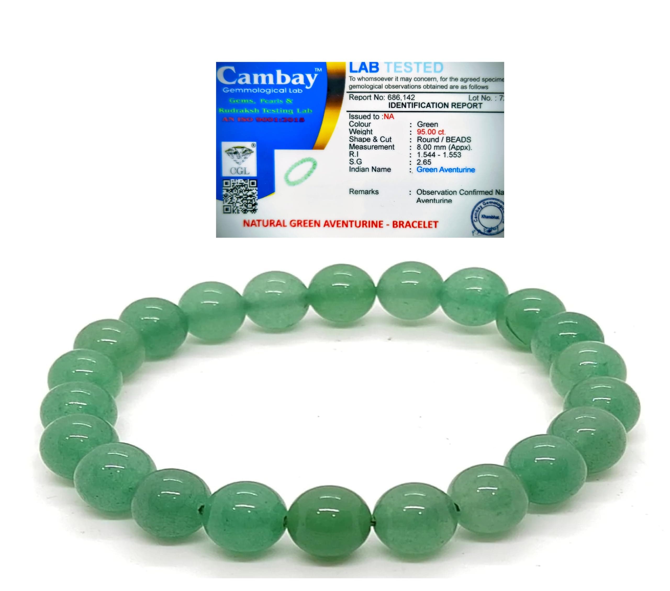 GOLDEN QUARTZ - THE CRYSTAL HUB - Green Aventurine Bracelet Brings Prosperity, Calm & Balance Crystal Authenticity Certified Natural Stones for Men & Women Beads Size 8mm