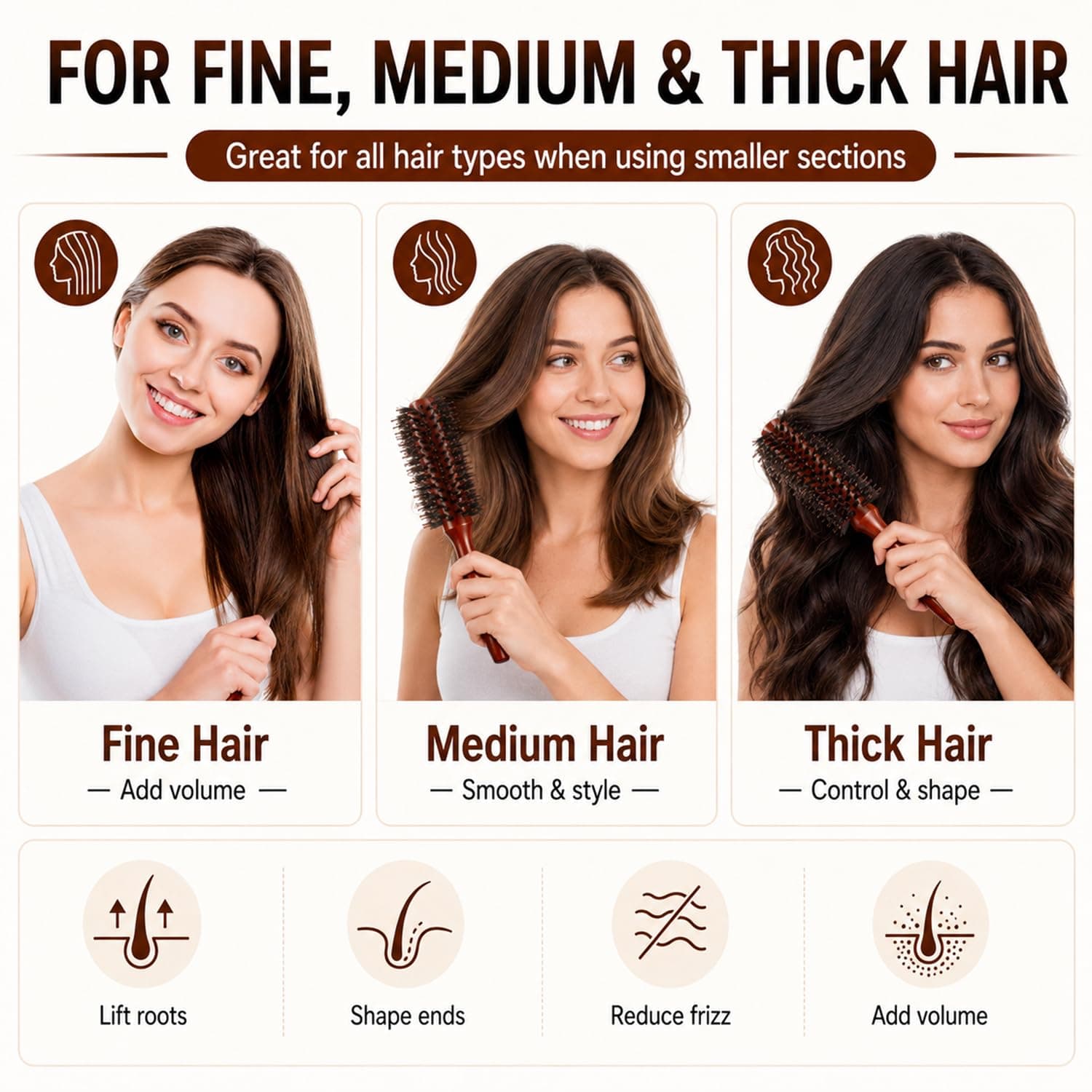 3 Pieces Boar Bristle Round Brush Round Hair Brush with Wood Handle Quiff Roller Brush for Women and Girls (10/12/ 14 Rows)