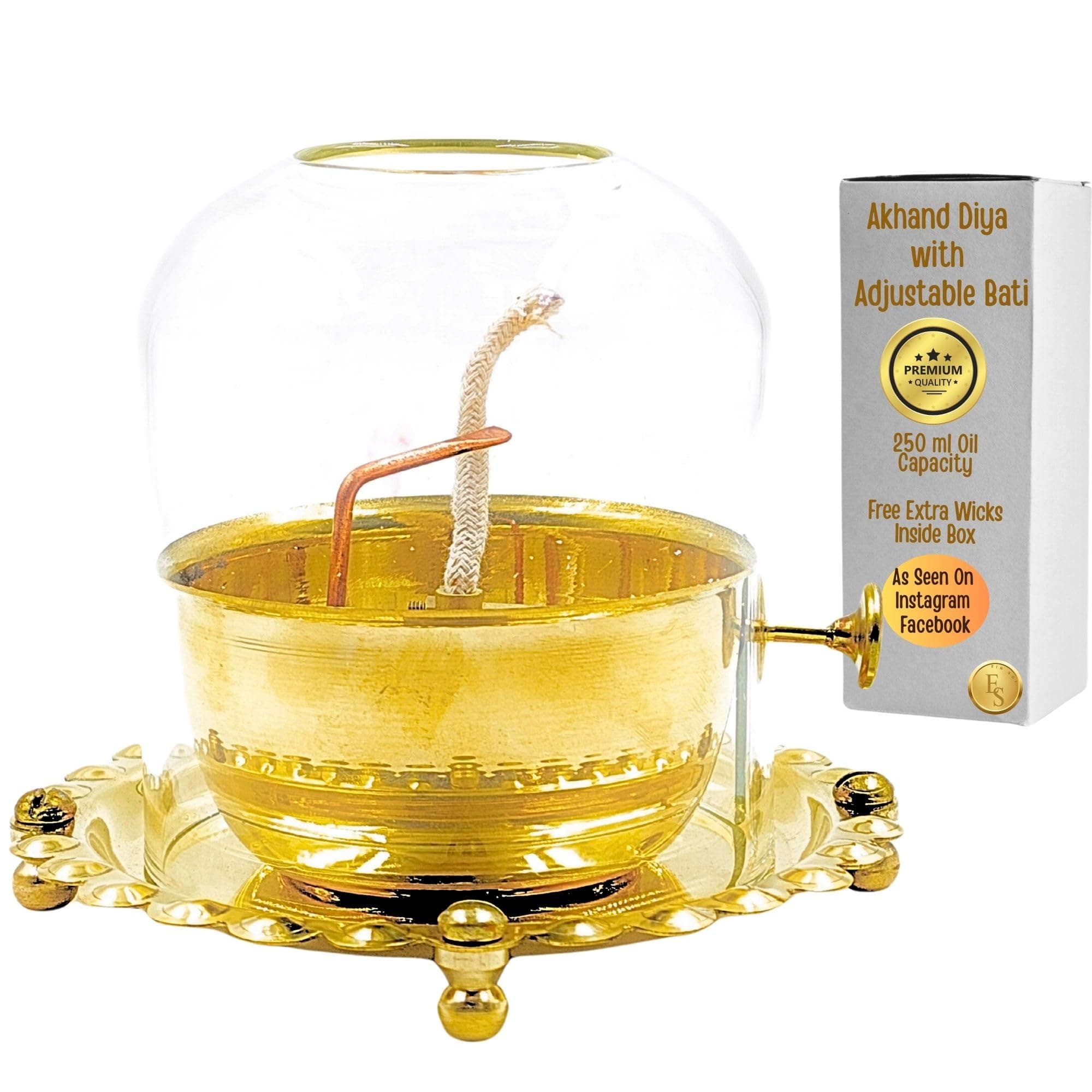 Ein Sof Akhand Diya with Adjustable Bati for Pooja (5 inches), Large Size Brass Diyas with Wick Lifting Screw Lever & Borosilicate Glass Cover for Home Decoration , Puja & Gifting (250ml , 48 Hour)