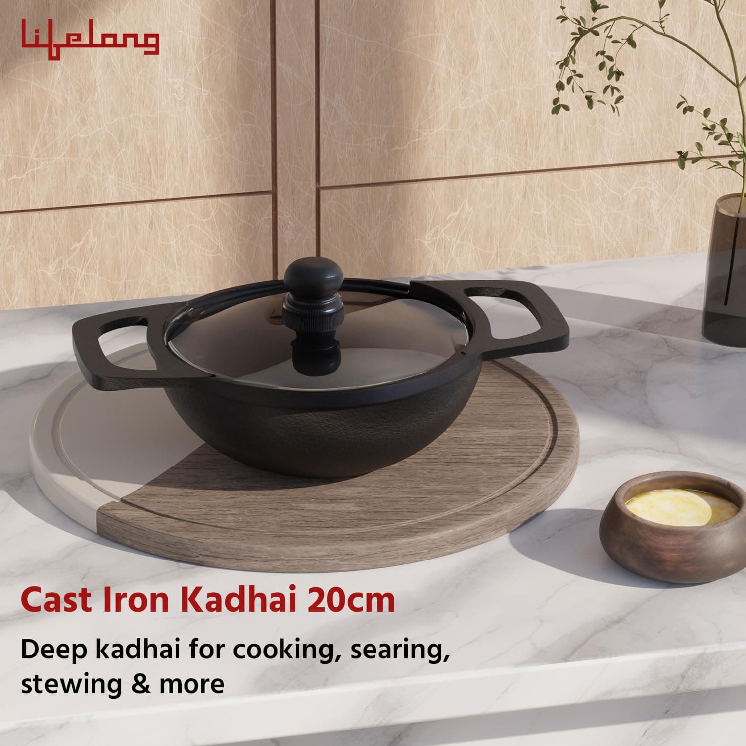 Lifelong Cast Iron Kadhai 20cm with Glass Lid & Wooden Spatula | 1.8L, 2.08kg | Pre-Seasoned, Even Heat Distribution, Toxin & Teflon Free, Non-Stick, & Durable | Perfect for Cooking, Searing & Stewing