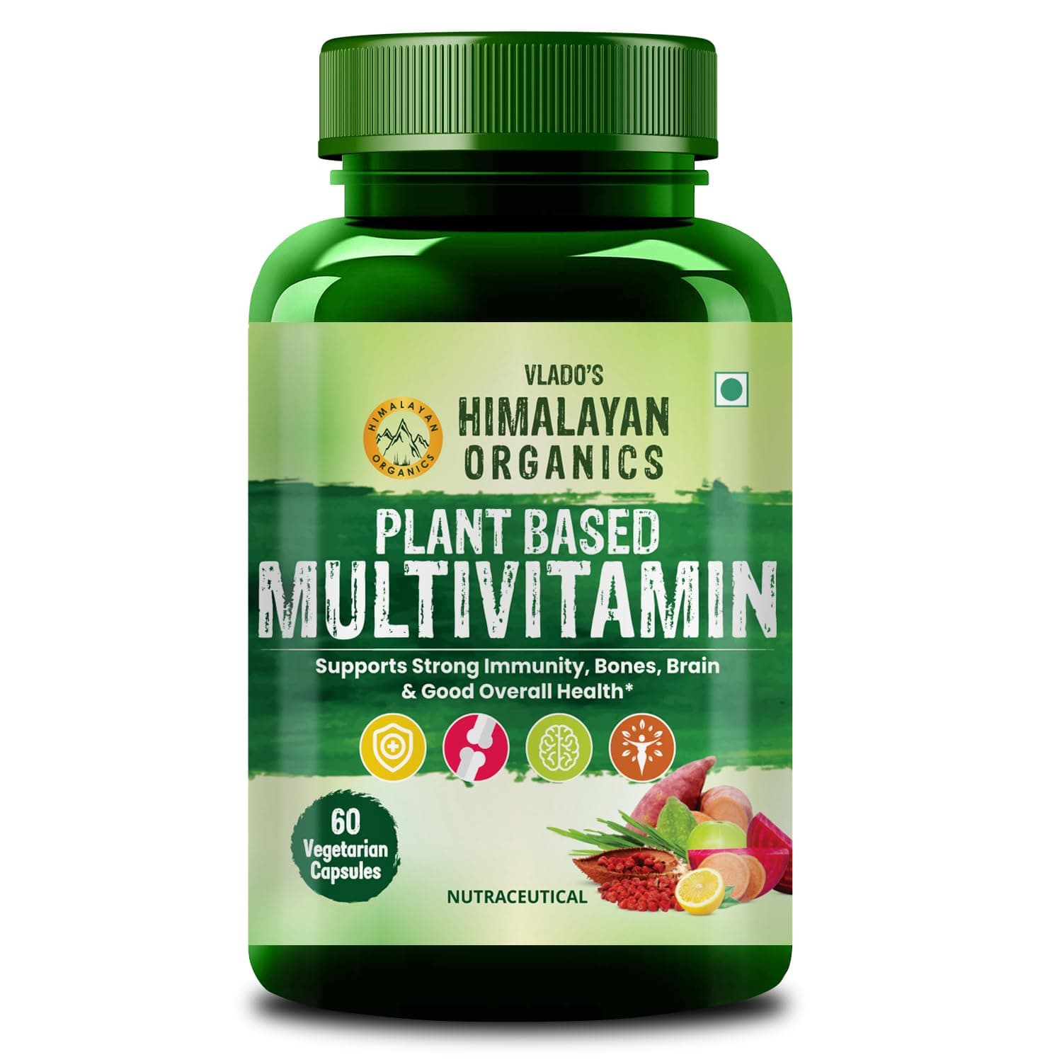 Vlado's Himalayan Organics Plant Based Multivitamin Supplement for Men & Women - 60+ Ingredients multi Vitamins For Men & Women With Vitamin B1, B2, B3, B5, B6, B7, B9, B12, A, C, D3, E, K2, Calcium, Iron , Zinc I Wholefood to support Immunity, Boost stamina, Increase Energy Levels & Overall Health - 60 Veg Capsules