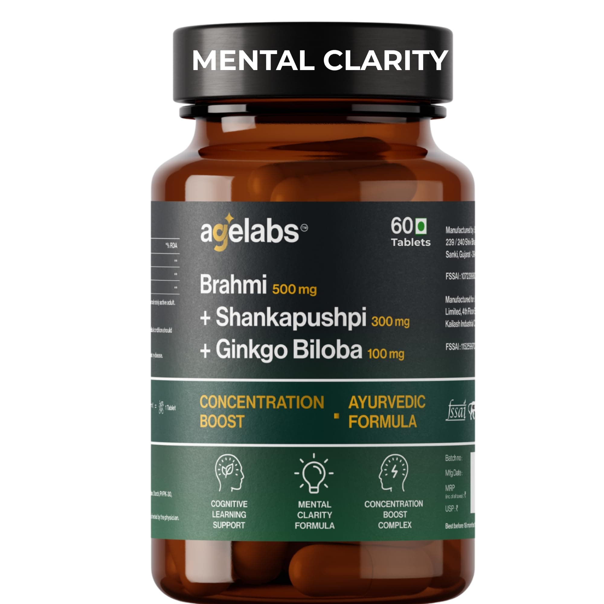 Agelabs Brahmi 500 mg + Shankhpushpi 300 mg + Ginkgo Biloba 100 mg | Ayurvedic Brain & Memory Support Formula | 60 Vegetarian Tablets | Focus, Concentration & Mental Clarity Supplement